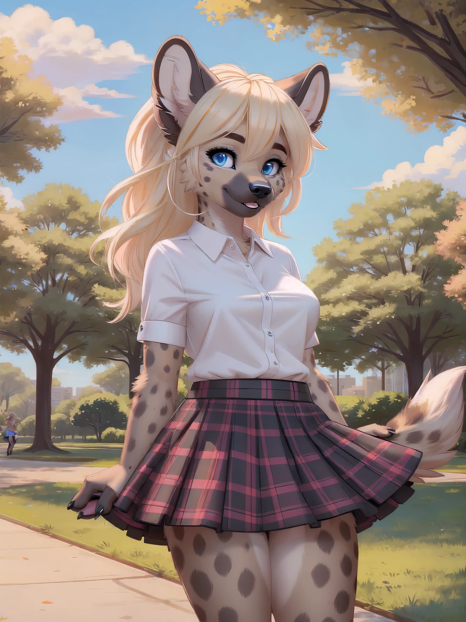 cute female anthropomorphic hyena, wearing sexy skirt, and shirt, blue eyes, extremely cute, blonde hair, at the park