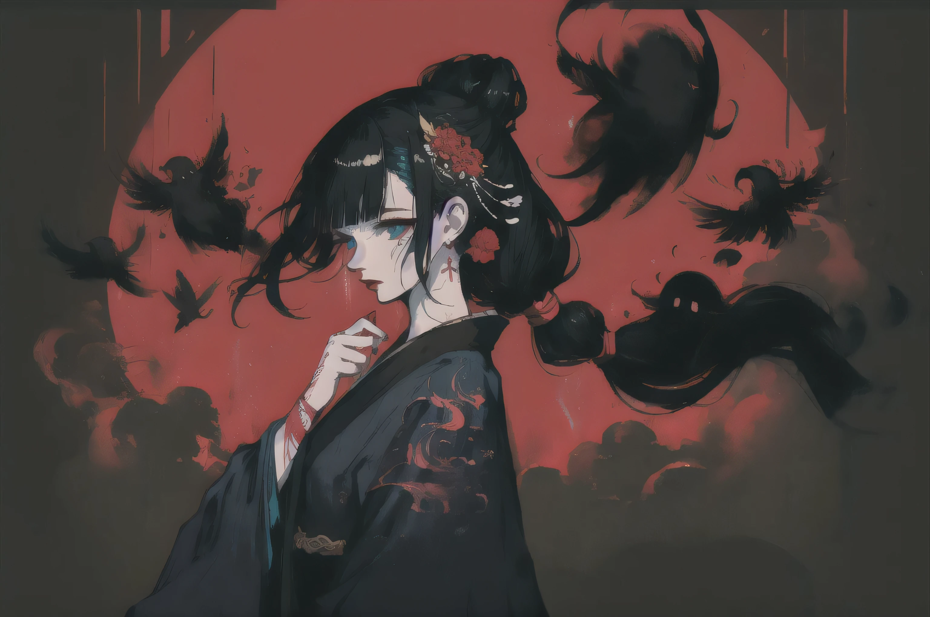 1 girl, alone, tattoo, trumpet, black hair, arm tattoo, long hair, blue eyes, looking at the audience, hair accessories, shoulder tattoo, 单trumpet, bead, bandage, bandaged arm, Hundreds of ghosts at night, nail, Keep, Oriental traditional art style, beautiful painting style, Ukiyo-style