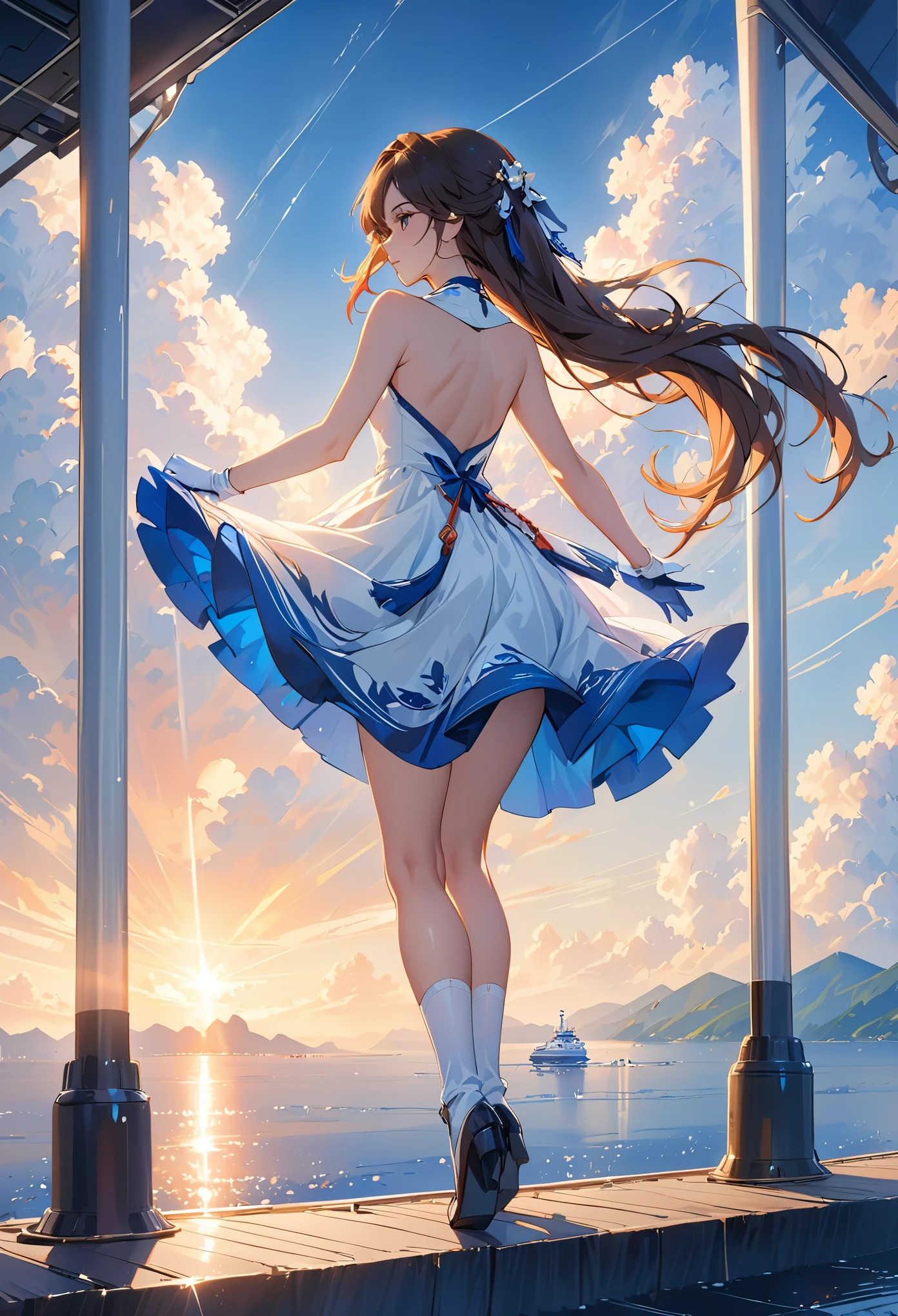 ((best quality)), ((masterpiece)), ((1 girl)), alone, ferry, ((long hair)), ferryBase, ((Raise your legs high)), bare shoulders, ((jewelry)), ((sleeveless)), white dress, blue skirt, ((Gloves)), Thigh high, from behind.