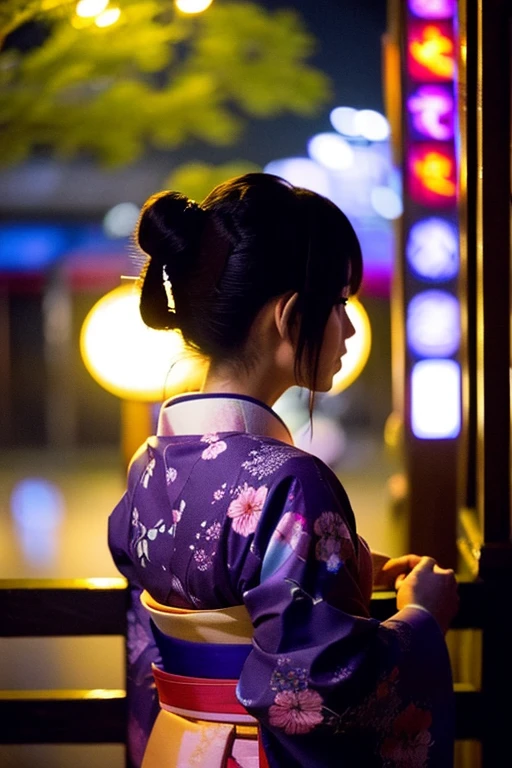 Kyoto cityscape inside a round aquarium night light rain cherry blossoms Rear view of a woman wearing a kimono