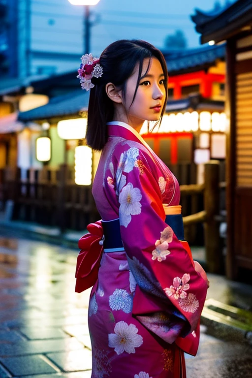 Kyoto cityscape inside a round aquarium night light rain cherry blossoms Rear view of a woman wearing a kimono