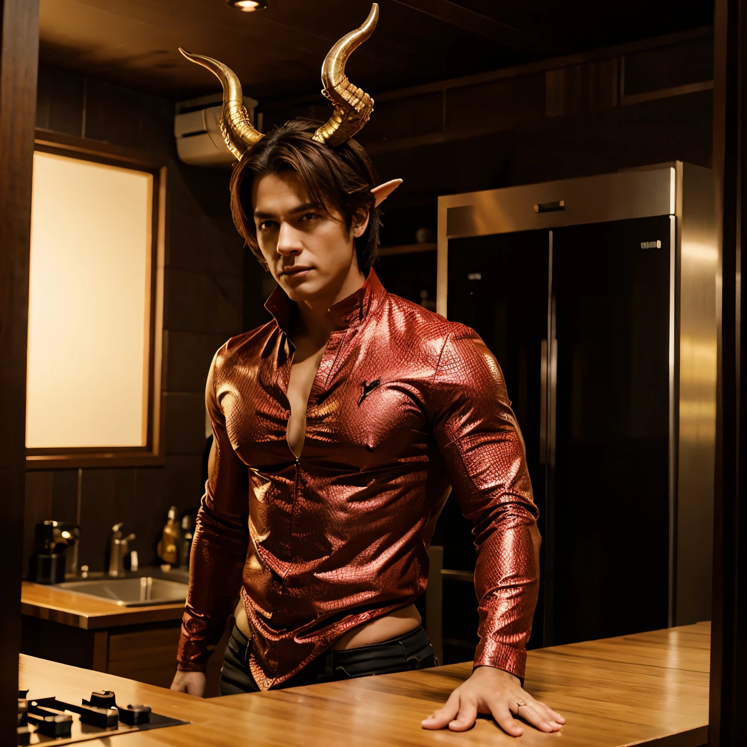 Male, dragon man hybrid, powerful, red and gold clothes, big horns and tail, upper body,