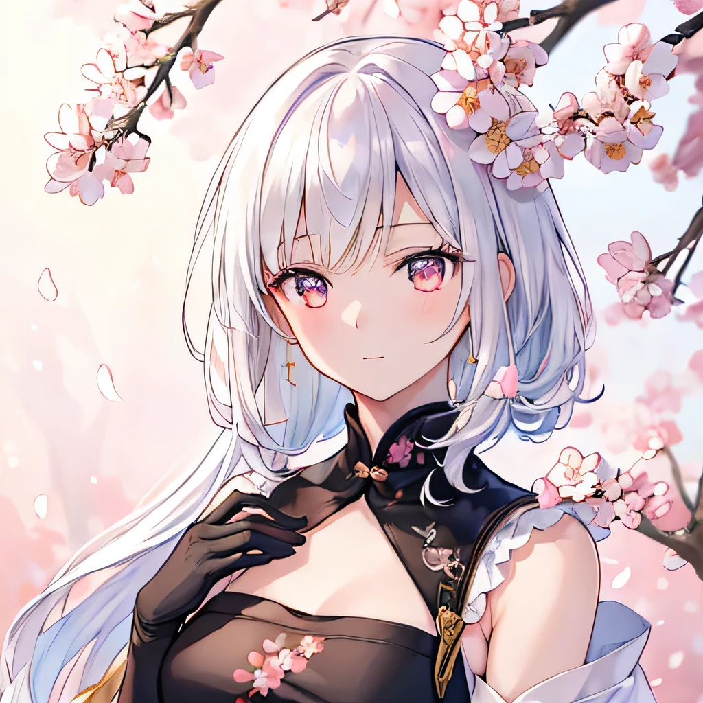 (high resolution,ultra-detalhado,Realista:1.37),spring themed japanese black dress, cabelo branco, hipnotizantes olhos dourados, flores delicadas adornando o cabelo, cores vibrantes, soft, warm lighting, retrato cativante, Sakura blooms in full bloom, elegant traditional japanese hairstyle , ombros para fora, luvas de couro escuro, Brisa suave acariciando a cena, cotton flowers, creating a serene and peaceful atmosphere.