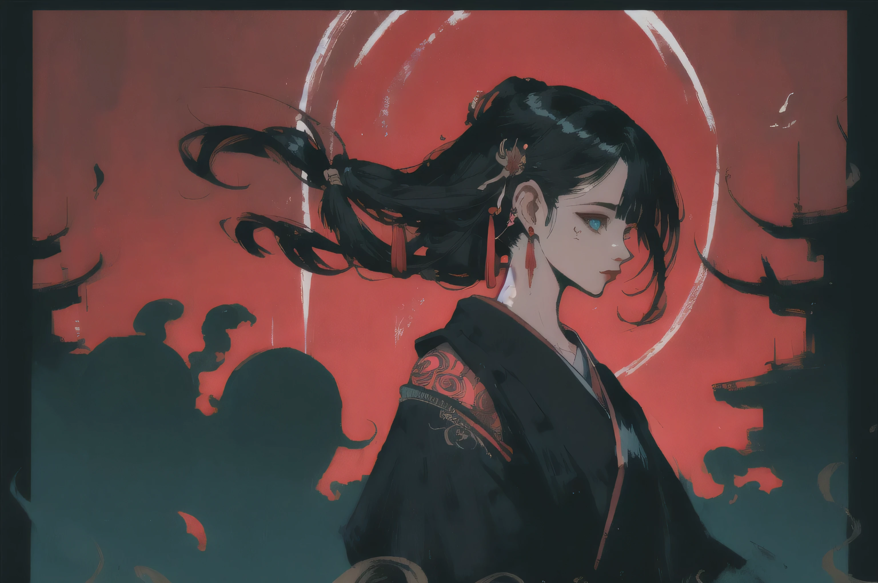 1 girl, alone, tattoo, trumpet, black hair, arm tattoo, long hair, blue eyes, looking at the audience, hair accessories, shoulder tattoo, 单trumpet, bead, bandage, bandaged arm, Hundreds of ghosts at night, nail, Keep, Oriental traditional art style, beautiful painting style, Ukiyo-style