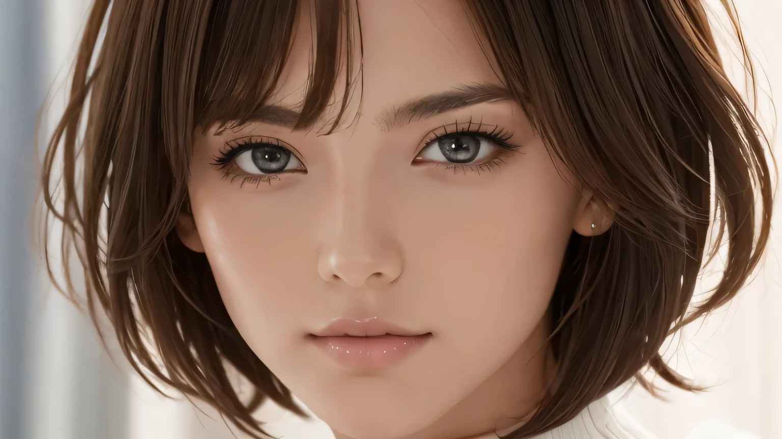 1 female、28 years old、Adult and realistic face、beautiful hair、brown hair、shortcut、bob cut、My hair was messed up by the wind、fine and beautiful eyes、slanted eyes、yellow eyes、powerful eyes、Fearless、confident face、brown skin、face straight toward the camera、gray turtleneck、the background is shining