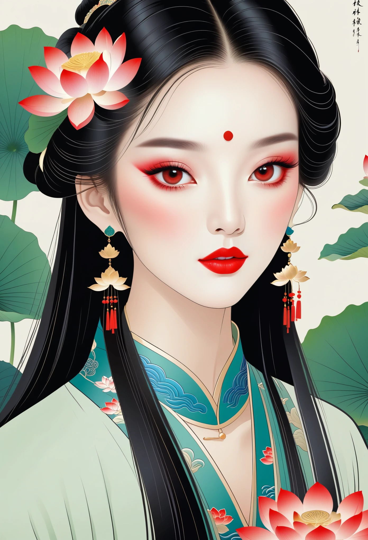 Vector,Chinese meticulous painting,Draw a beautiful girl,long black hair,exquisite makeup,red eye shadow,red lips,lotus leaf,lotus,clean background,smooth lines,Lines outline hair,Soft and elegant colors