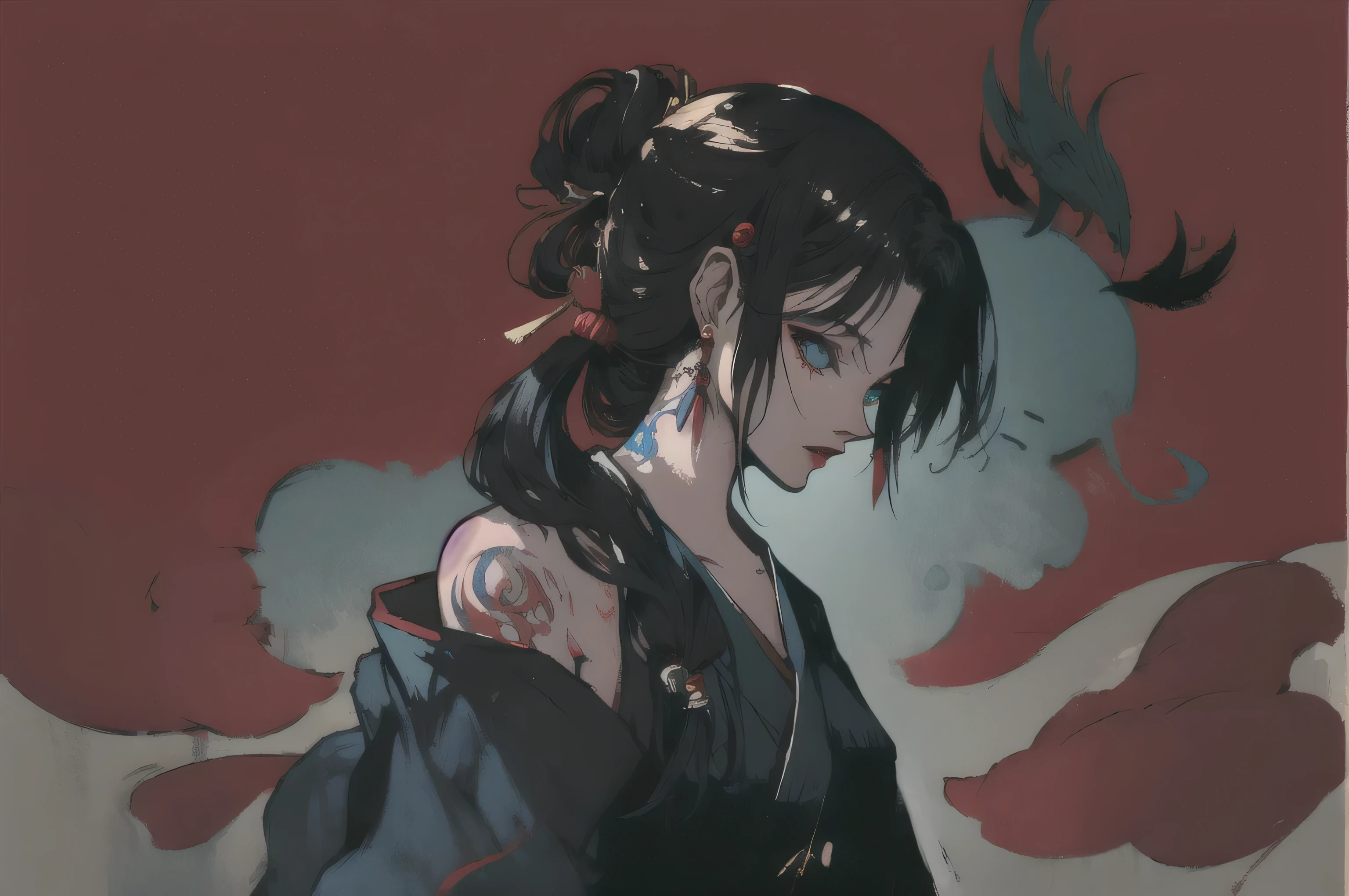 1 girl, alone, tattoo, trumpet, black hair, arm tattoo, long hair, blue eyes, looking at the audience, hair accessories, shoulder tattoo, 单trumpet, bead, bandage, bandaged arm, Hundreds of ghosts at night, nail, Keep, Oriental traditional art style, beautiful painting style, Ukiyo-style