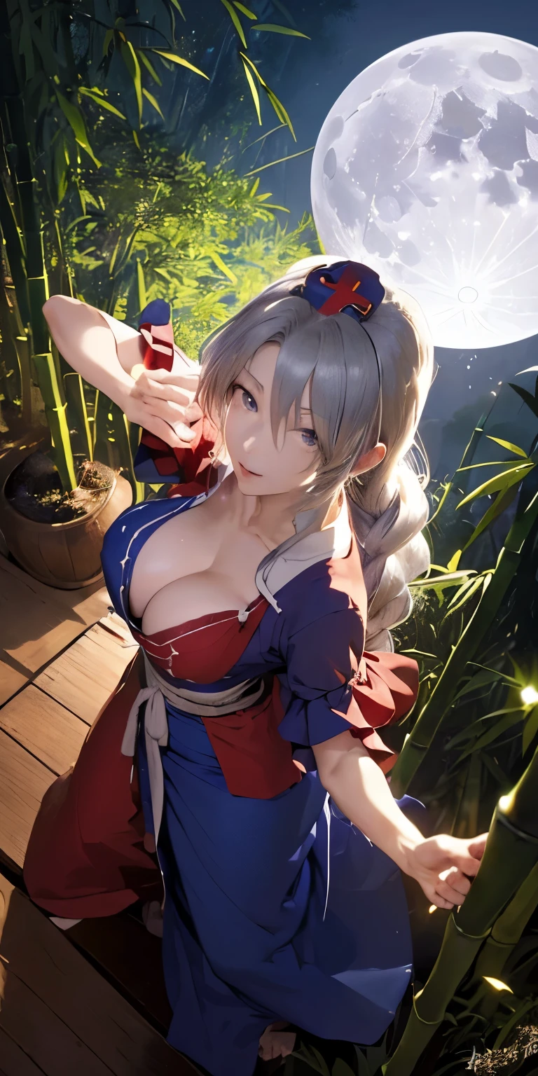(masterpiece, best quality:1.3), (from above:1.3), Yagokoro Eirin, Touhou Series, perfect face, expressive eyes, 1woman, looking at viewer, 38 years old, gorgeous body, big breast, beautiful, anime, lora,1woman, silver hair, braid hair, nurse cap, red and blue clothes, long skirt, (evil look:1.5), (cinematic lighting, realistic, dream-like, enchanting atmosphere:1.5), (an old japanese mansion with moonlight leaking, in bamboo forest, midnight, big full moon:1.3)