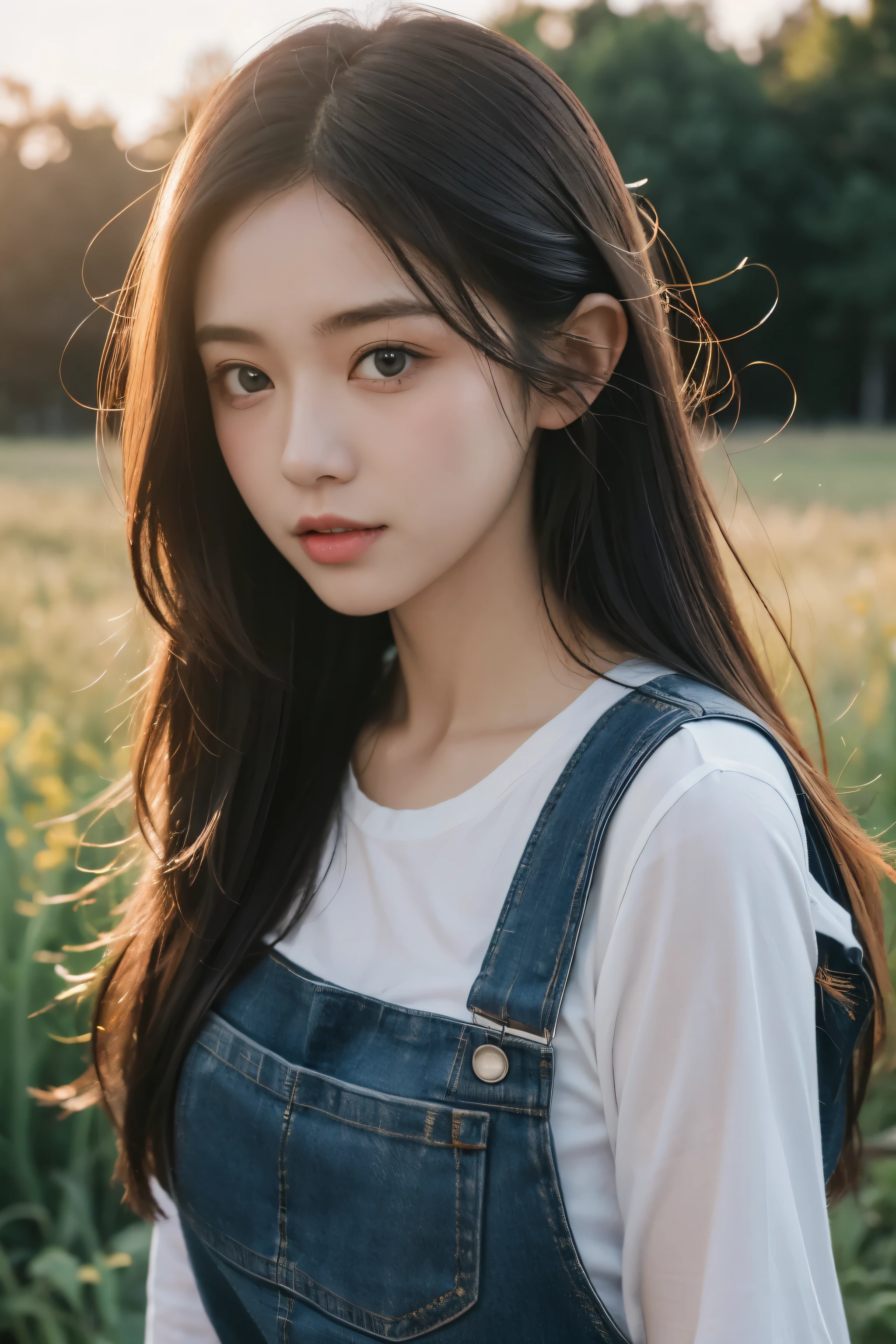 masuter piece, best qualtiy, (realisitic, Photorealsitic:1.37), ((独奏)), 8K image quality, Extremely delicate and beautiful, splendid, Official art with attention to detail, Ridiculous, Unbelievably ridiculous, huge filesize, ultra-detailliert, ighly detailed, (Cute little girl s), (detailed girl), extremely detailed eye and face, Beautiful detailed eyes, Light makeup,, (Slender and perfect female figure), large full breasts, Slim waist, big butts, (Korean beauty), Brown hair, ((fullllbody)), ((Put the head in the frame)), ((white t-shirts)), ((Overalls clothing)), Wheat field, kindly smile
