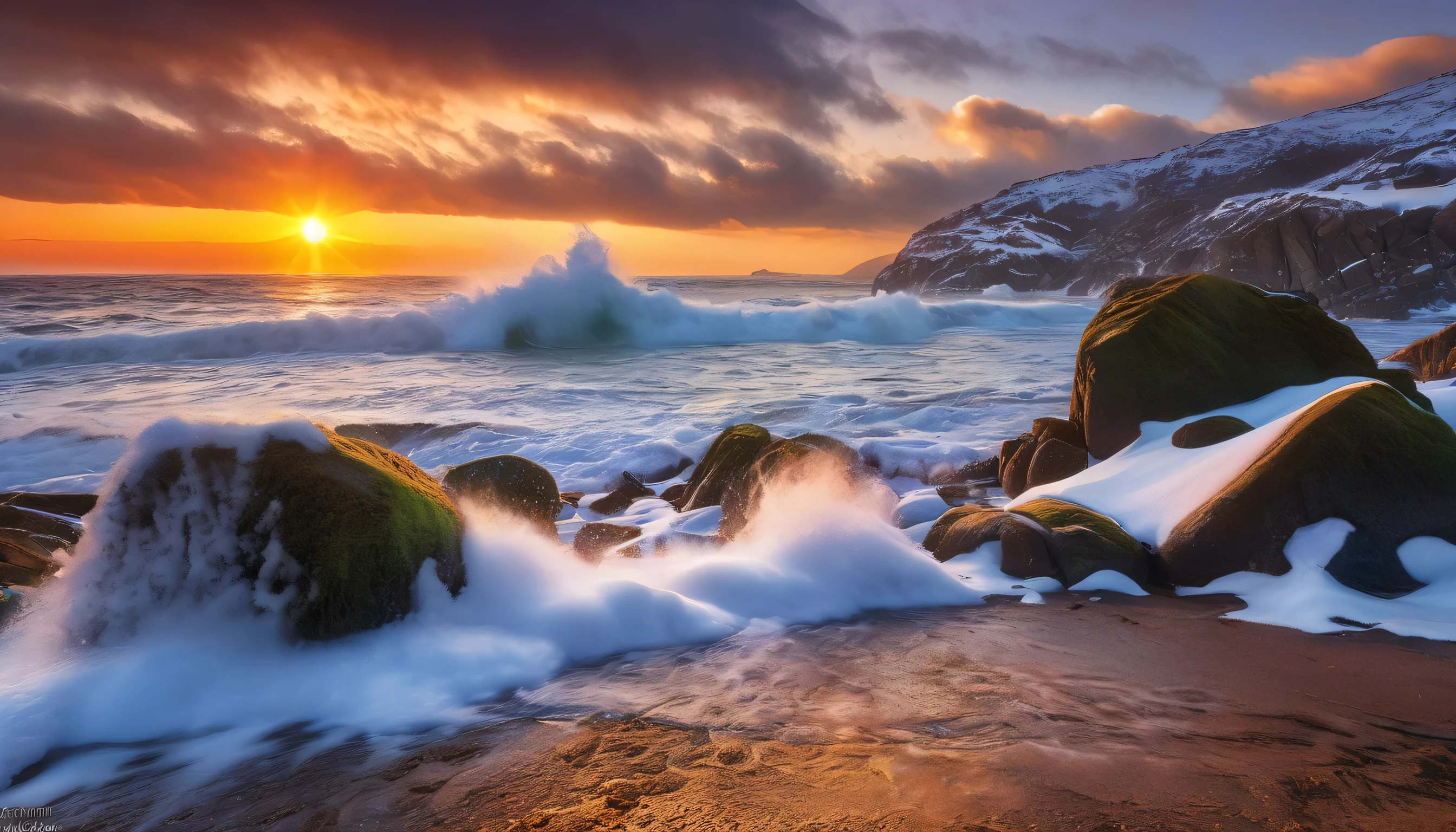 dawn,waves crashing,冬天snow, snow, Beautiful winter, Chaotic ocean environment, stunning colors, Stunning appearance, stunning composition, beautiful sea view, stunning dawn, magnificent background, dawn glow, Beautiful background, Breathtakingly beautiful, like a dream, Mark Adams, Warm and beautiful scene, epic dawn, Beautiful dawn, beautiful dawn glow, beautiful ocean