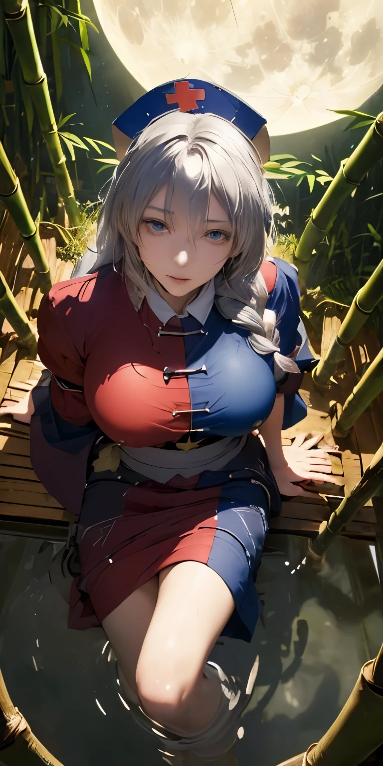 (masterpiece, best quality:1.3), (from above:1.3), Yagokoro Eirin, Touhou Series, perfect face, expressive eyes, 1woman, looking at viewer, 38 years old, gorgeous body, big breast, beautiful, anime, lora,1woman, silver hair, braid hair, nurse cap, red and blue clothes, long skirt, (evil look:1.5), (topless, covering chest by hands:1.5), (cinematic lighting, realistic, dream-like, enchanting atmosphere:1.5), (an old japanese mansion with moonlight leaking, in bamboo forest, midnight, big full moon:1.3)