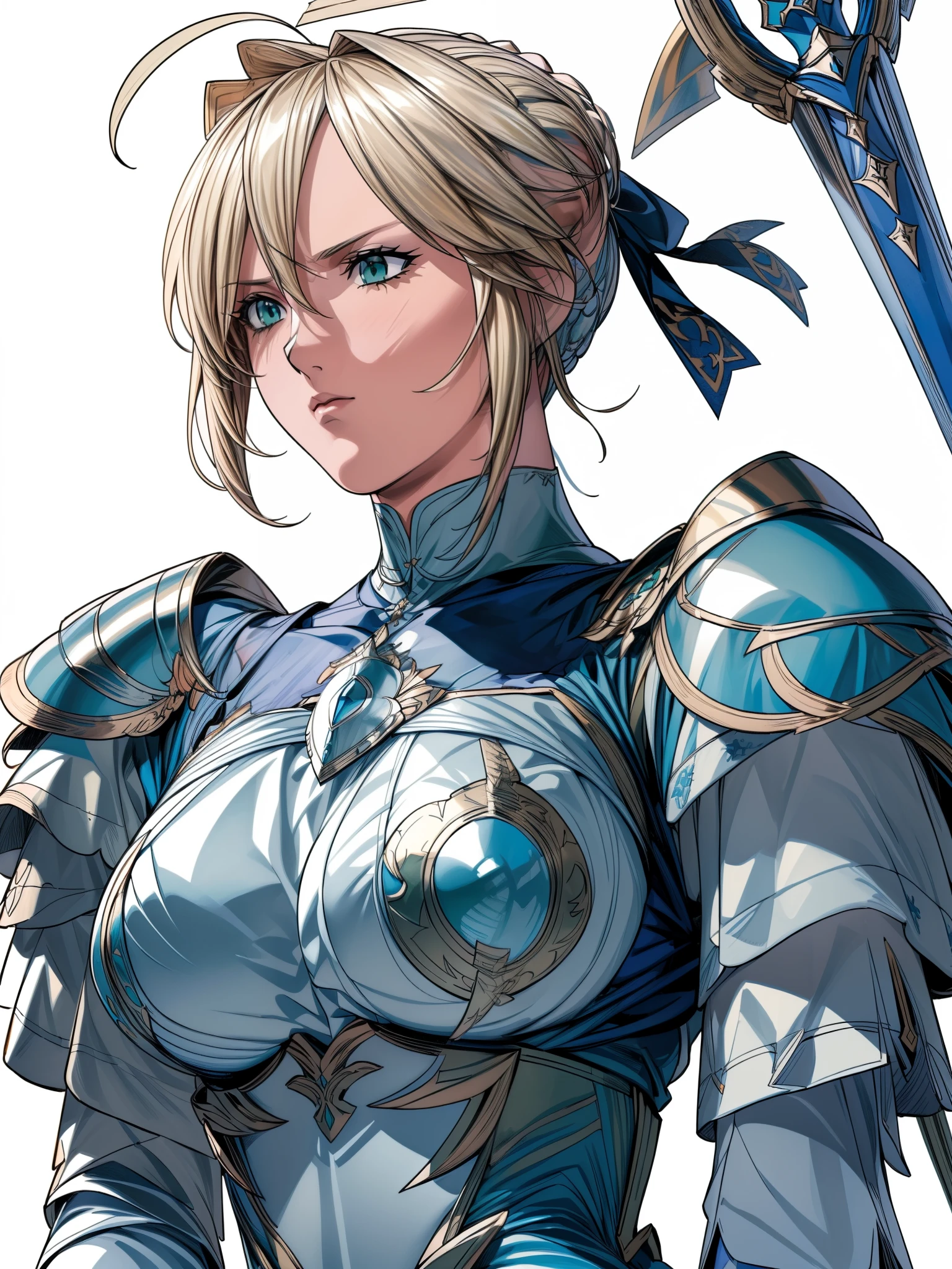 (masterpiece:1.2), (disorganized), (detailed face),(fine eyes), (highest quality) (traditional media:1.2) , (white background), Upper body, (No expression), Artoria_pendragon_(destiny), to know, armor, blonde hair, gauntlet, green eyes, hair ribbon, armored dress, Ahoge, blue clothes,