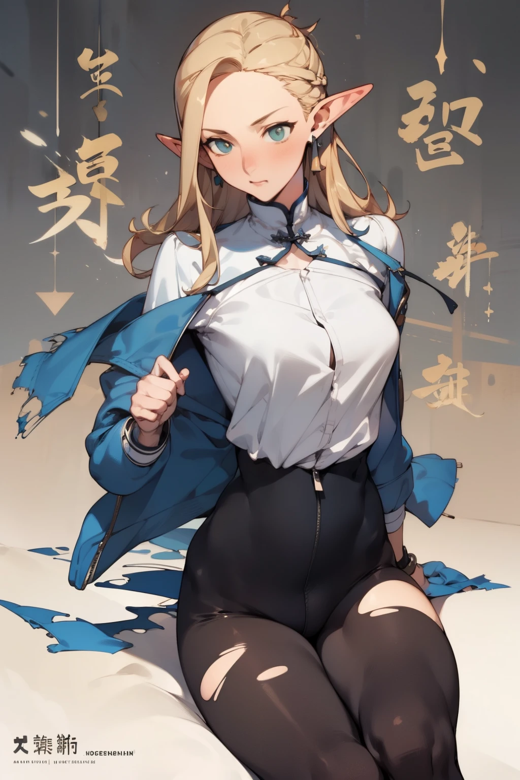 (masterpiece, best quality) detailed, Wearing black tights, silver accessories , zipper unzipped , blonde ,elegant, pointed ears ,Chinese element pattern,thigh,漏出thigh,white shirt,torn clothes