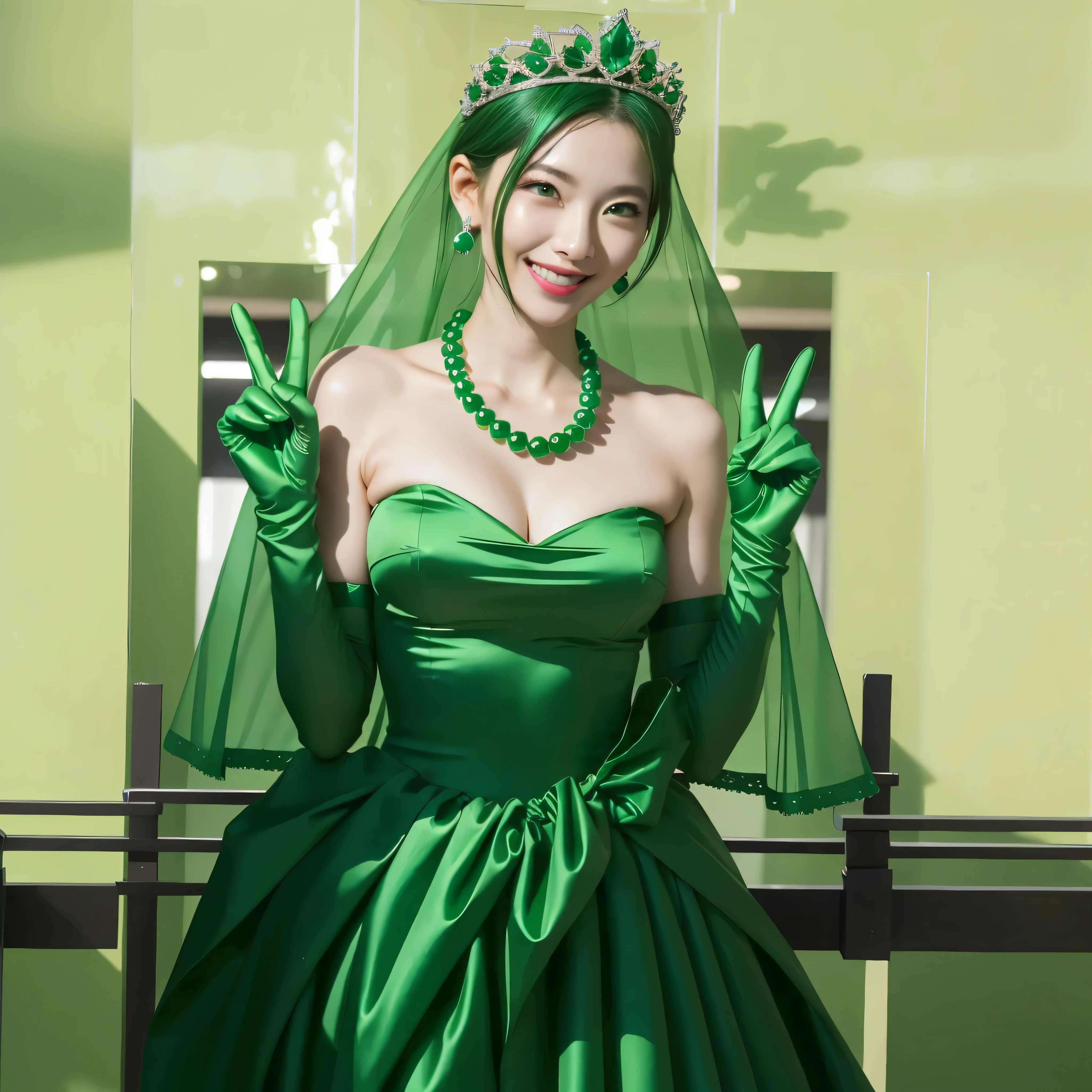 Beautiful Japan woman in her 30s, finger details, beautiful hands,emerald tiara, Green Pearl Necklace, Boyish green berry short hair, lipstick, smiling Japanese woman, very short hair, big breasts beautiful, green eyes, green satin long gloves, green eyes, emerald earrings, Green veil, v sign