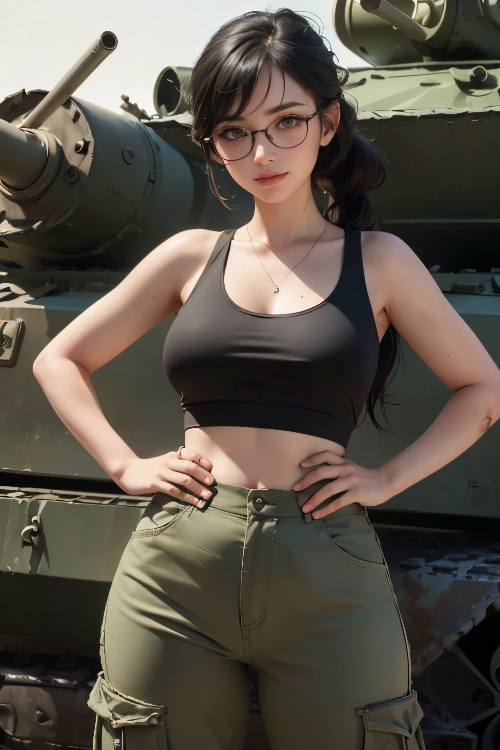 ((wide angle image)), beautiful female veteran, black hair in a ponytail, bangs, wearing large glasses, wounds, injuries, confident smile, (((wearing a white military tank top, layered with ww2 Oversized military uniform, Wearing ww2 military pants. Oversized, Off shoulders, Distressed, worn-out))), on the ww2 battlefield.
