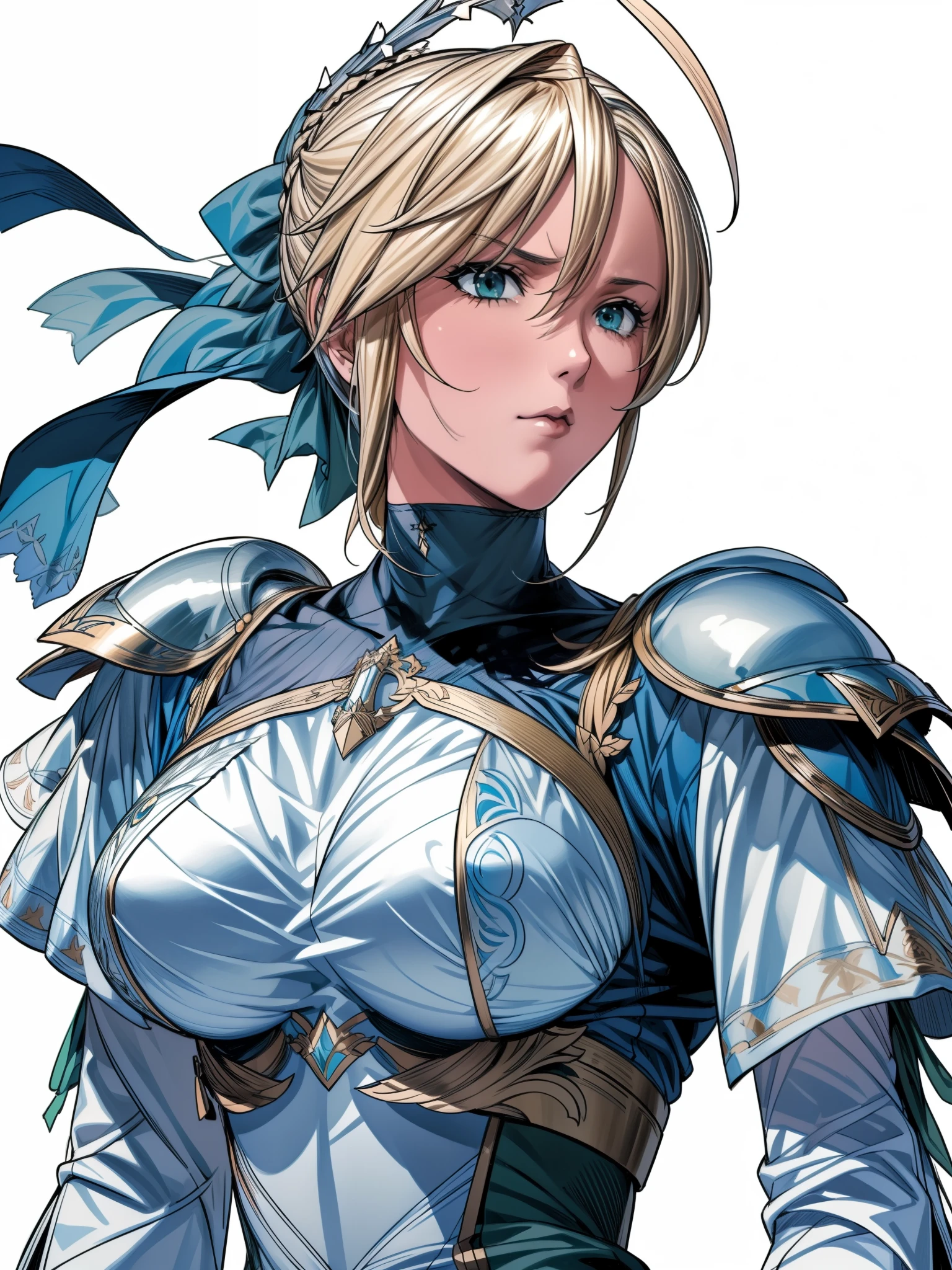 (masterpiece:1.2), (disorganized), (detailed face),(fine eyes), (highest quality) (traditional media:1.2) , (white background), Upper body, (No expression), Artoria_pendragon_(destiny), to know, armor, blonde hair, gauntlet, green eyes, hair ribbon, armored dress, Ahoge, blue clothes,