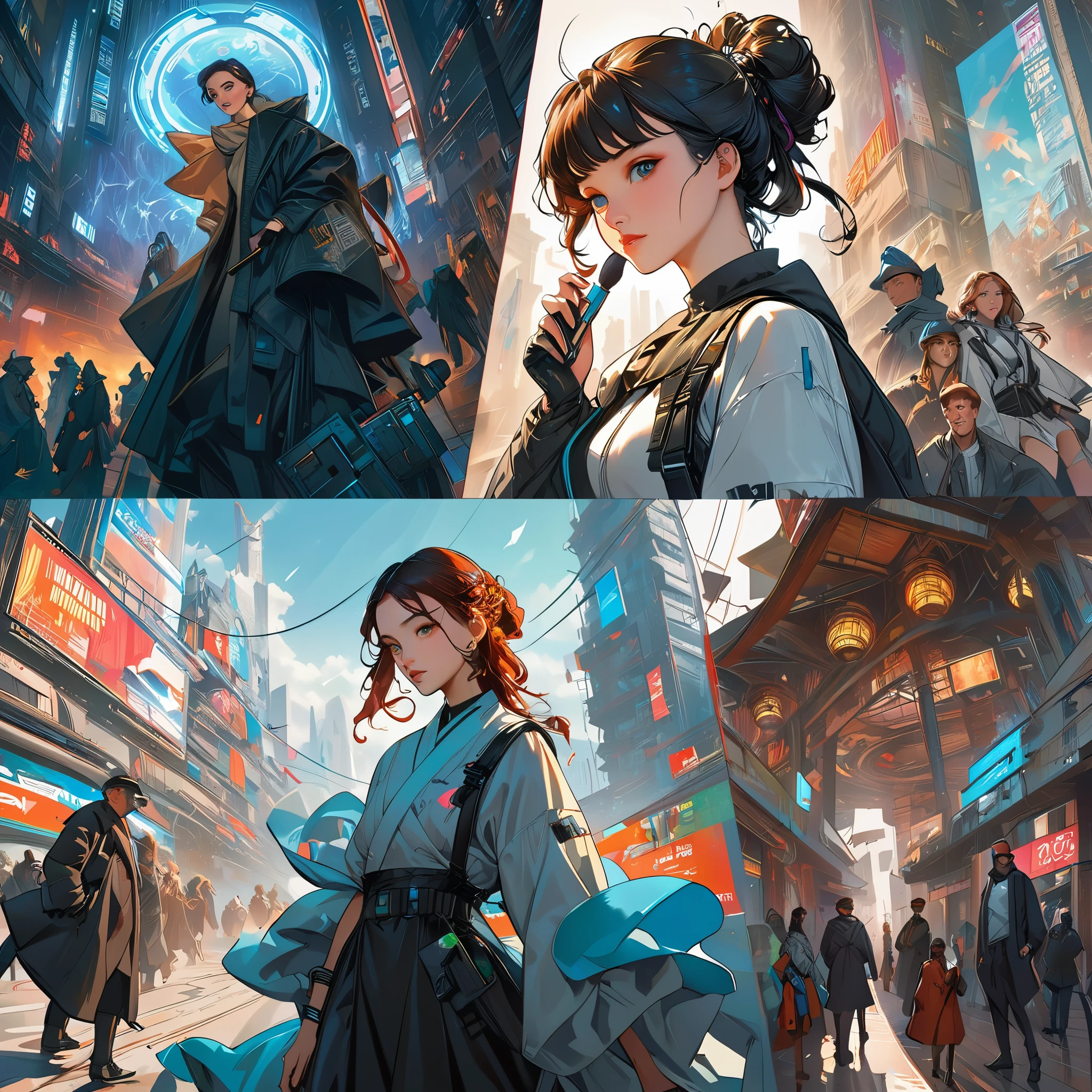 cyberpunk, screen, dystopian future, Surreal, 8k, Energetic, detailed, brush, comic book illustration, artstation fashion trends, author:Peter Moore, by wlop, by ruan jia, author:Alphonse Mucha, Dmitry Prozorov, author:norman rockwell,
