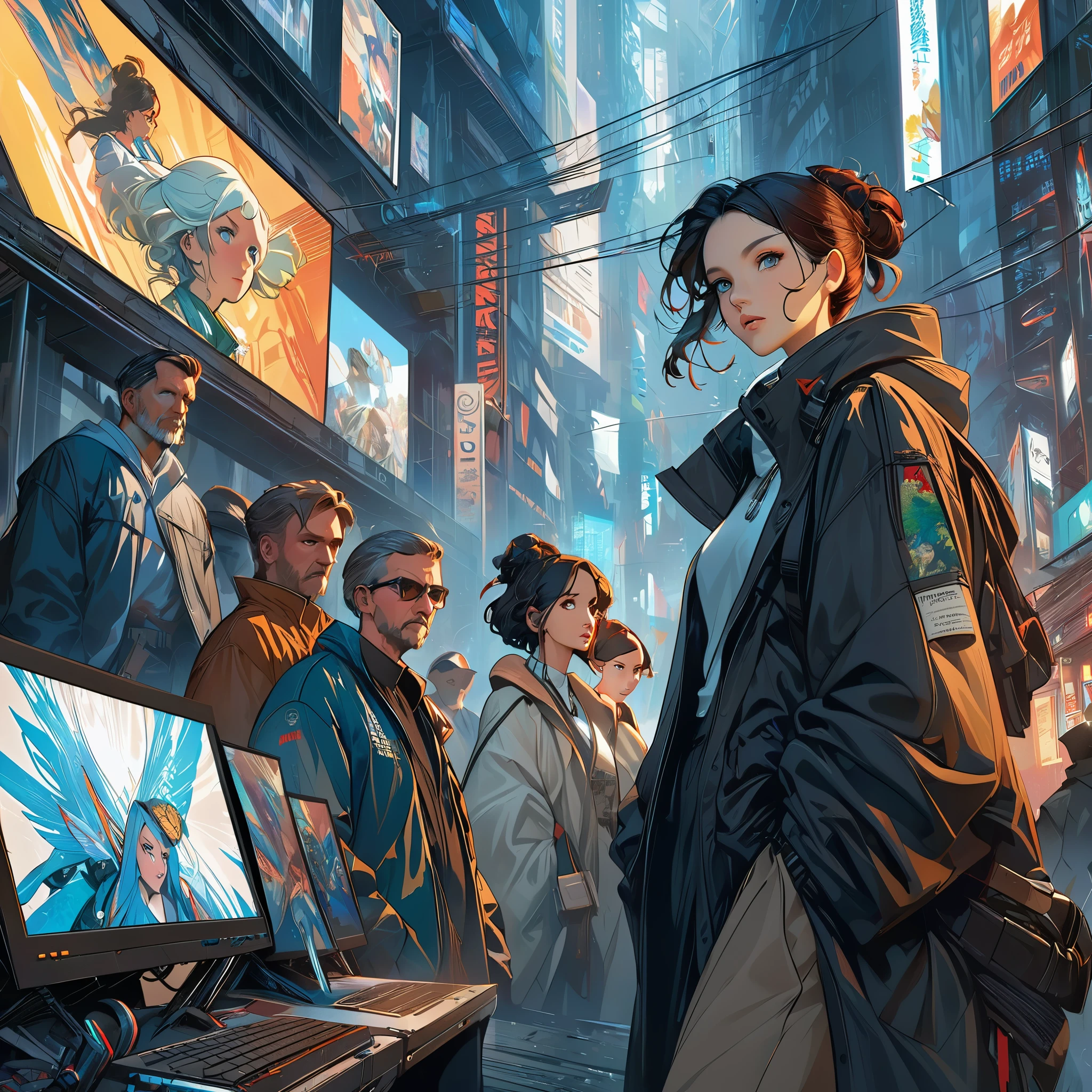cyberpunk, screen, dystopian future, Surreal, 8k, Energetic, detailed, brush, comic book illustration, artstation fashion trends, author:Peter Moore, by wlop, by ruan jia, author:Alphonse Mucha, Dmitry Prozorov, author:norman rockwell,