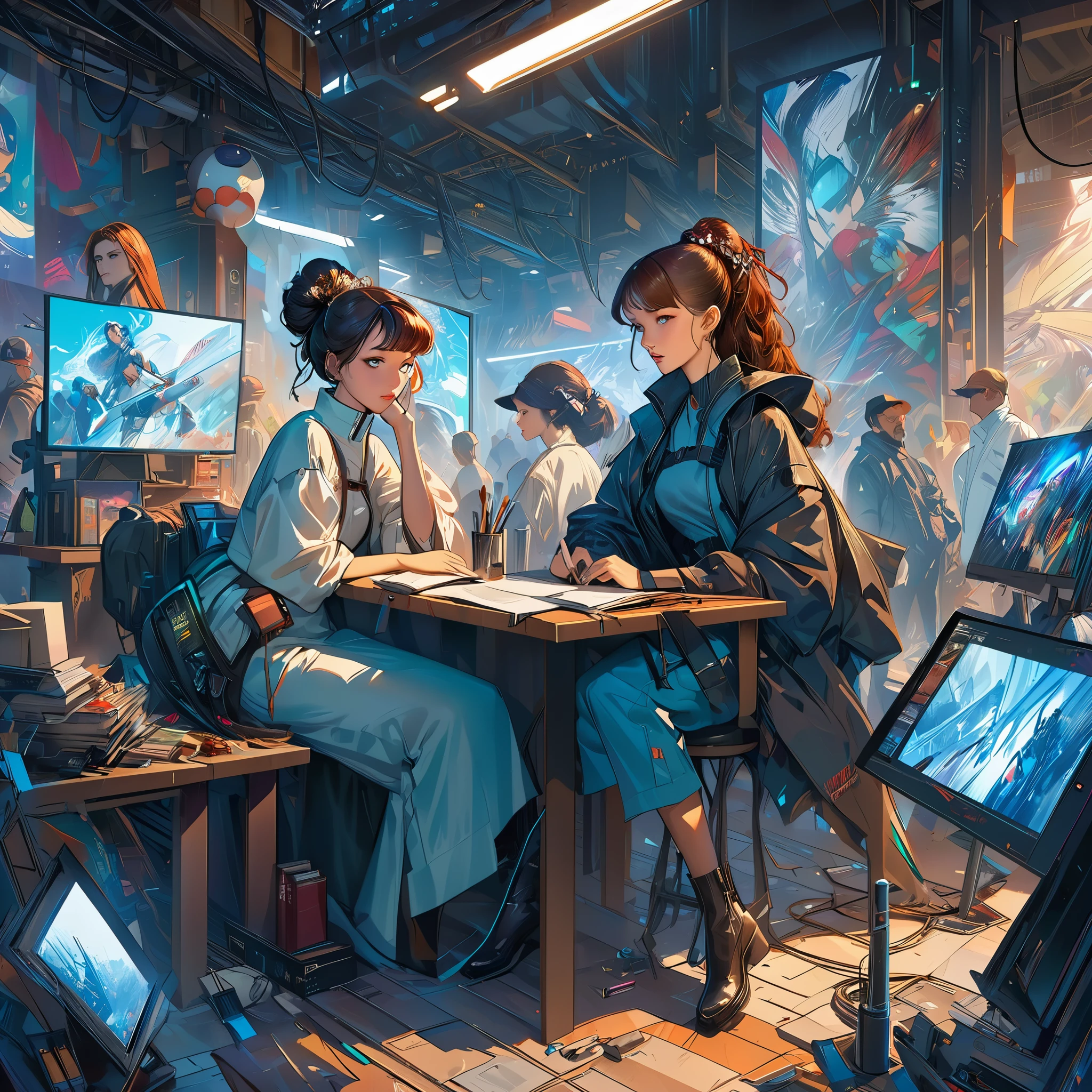 cyberpunk, screen, dystopian future, Surreal, 8k, Energetic, detailed, brush, comic book illustration, artstation fashion trends, author:Peter Moore, by wlop, by ruan jia, author:Alphonse Mucha, Dmitry Prozorov, author:norman rockwell,