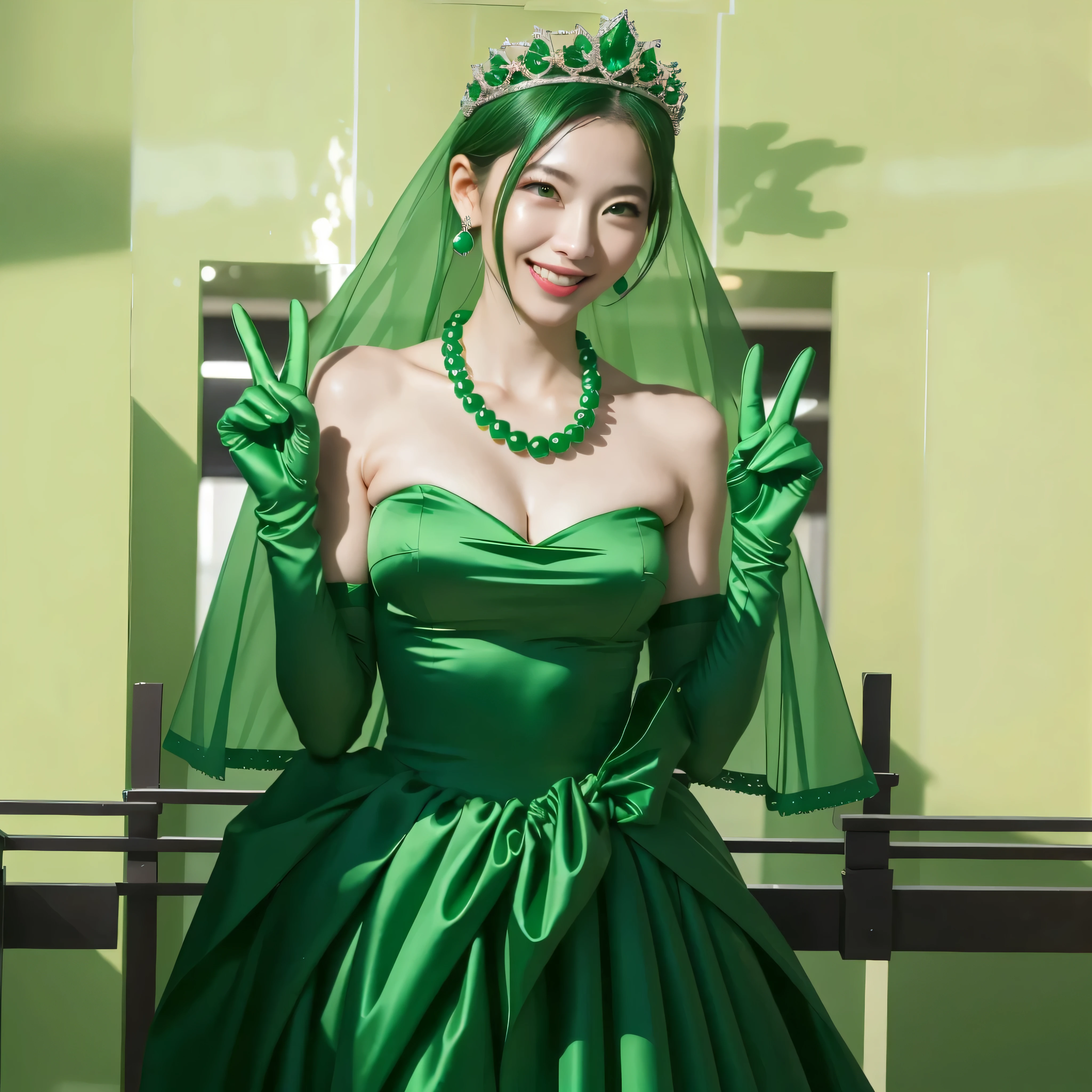 Beautiful Japan woman in her 30s, finger details, beautiful hands,emerald tiara, Green Pearl Necklace, Boyish green berry short hair, lipstick, smiling Japanese woman, very short hair, big breasts beautiful, green eyes, green satin long gloves, green eyes, emerald earrings, Green veil, v sign