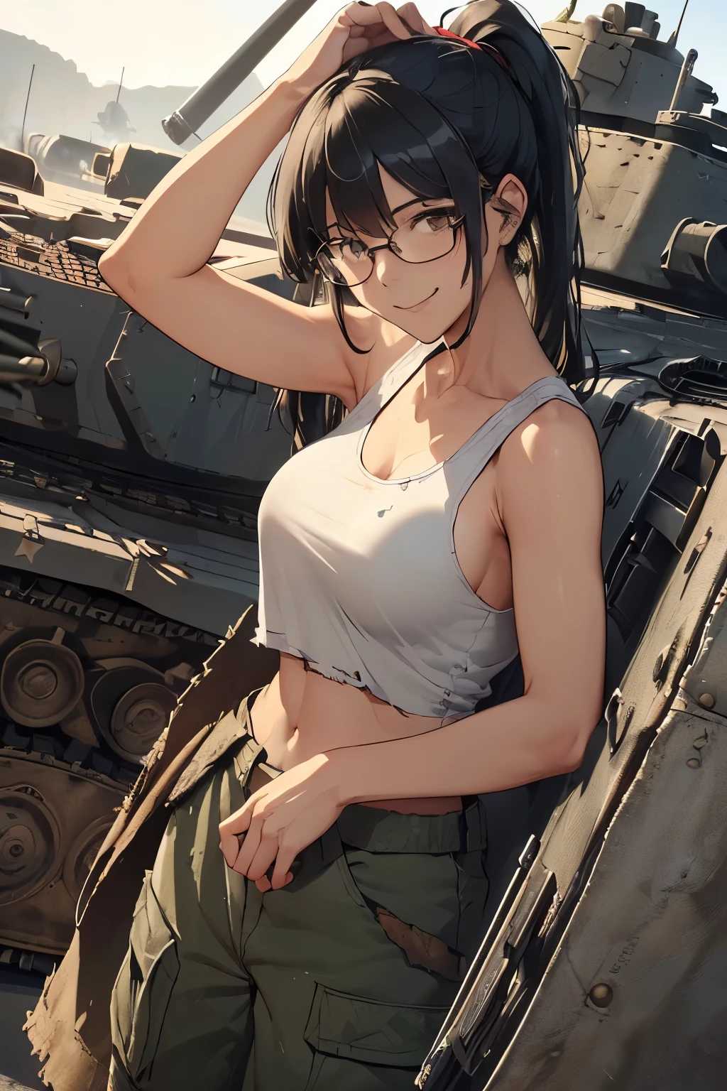 ((wide angle image)), beautiful female veteran, black hair in a ponytail, bangs, wearing large glasses, with a wound, injured, smiling confidently, (((wearing a white military tank top, layered with a ww2 Oversized military uniform, wearing ww2 military pants Oversized, Distressed, worn-out))), on the ww2 battlefield
