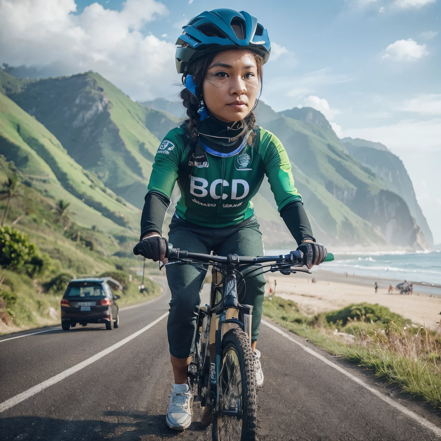 "4D caricature, Indonesian woman 40 years old, hair in a braid, wearing a bicycle helmet, wearing a green and black mix jersey, wearing bicycle gloves, long pants, riding an mtb bike, in a jersey that says "BCD" on the road near the beach and Mount, Indonesian road background, hyper-realistic, high contrast, high color effect, 8K, detail, focus"