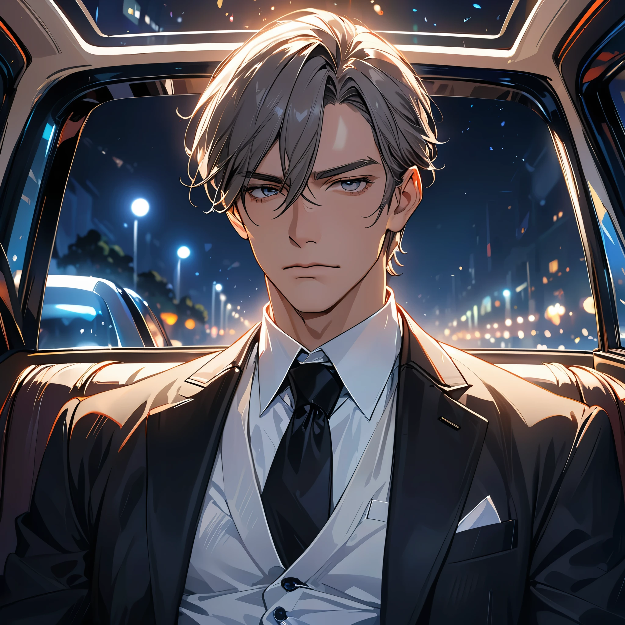 ridiculous resolution, high resolution, (masterpiece: 1.4), Ultra-detailed, 1 boy, Face focus, night, mature man, Successful people, black suit, jacket, White shirt, Serious and cold expression, sitting in a limo (1.3)