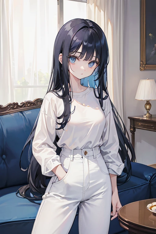 (Inside the villa，luxury living room)Young women/((black hair)big eyes，(white shirt)((hole)，(Blue denim trousers)))，standing，looking at the screen， (Nono/(Young women，long hair，big eyes，cute，(dress)))