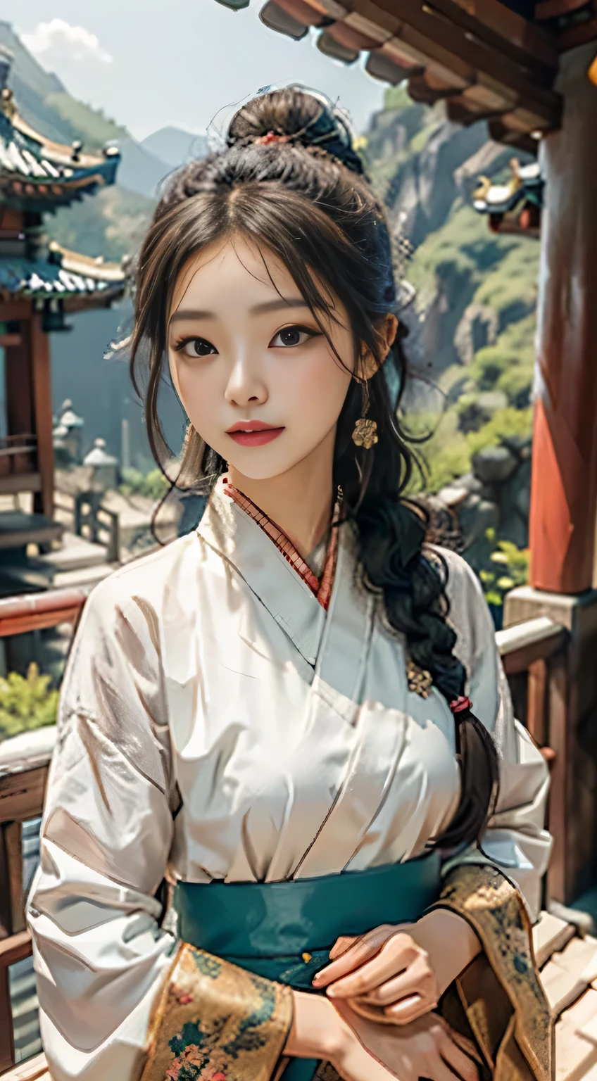 Kpop idol: 1.2, Mix4, One Korean girl, 18 years old, (Light eyebrows: 1.4), Shiny brown eyes, Bun head, Tied two braids, Amidst the ancient city's tranquility, she savored the beauty of a Chinese temple, Standing on a high mountain's peak, admiring the beautiful detail sky, under the bustling crowd's (1.2) night, her nose carried a gentle blush. Wearing a traditional hanfu, she flashed a radiant smile.