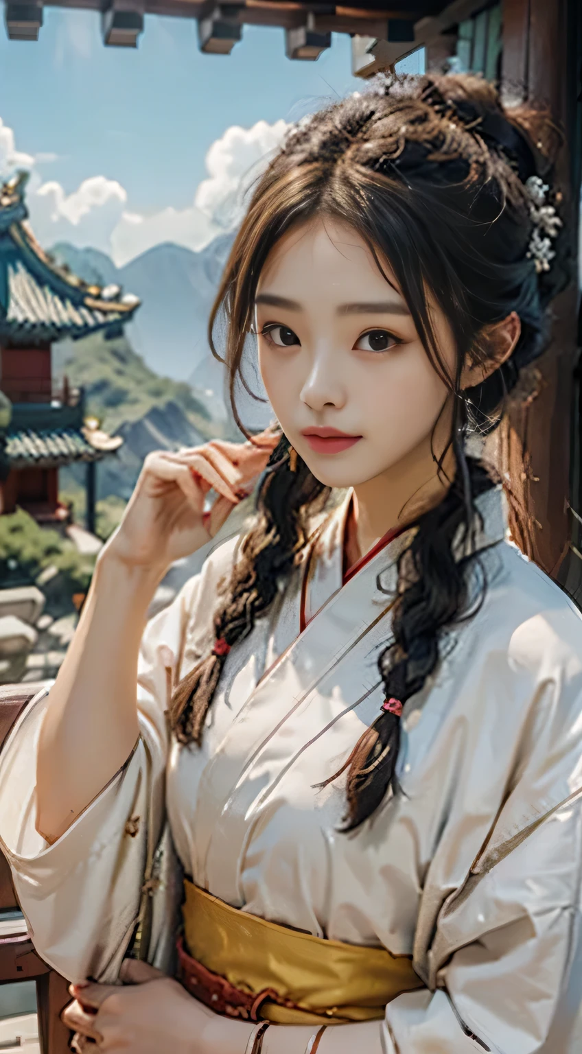 Kpop idol: 1.2, Mix4, One Korean girl, 18 years old, (Light eyebrows: 1.4), Shiny brown eyes, Bun head, Tied two braids, Amidst the ancient city's tranquility, she savored the beauty of a Chinese temple, Standing on a high mountain's peak, admiring the beautiful detail sky, under the bustling crowd's (1.2) night, her nose carried a gentle blush. Wearing a traditional hanfu, she flashed a radiant smile.