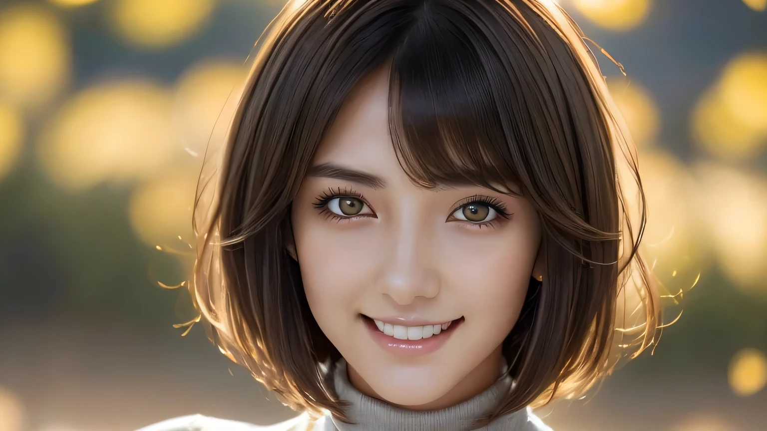 1 female、28 years old、Adult and realistic face、beautiful hair、brown hair、shortcut、bob cut、My hair was messed up by the wind、fine and beautiful eyes、slanted eyes、yellow eyes、powerful eyes、Fearless、confident face、smile、sunburned skin、face straight toward the camera、gray turtleneck、