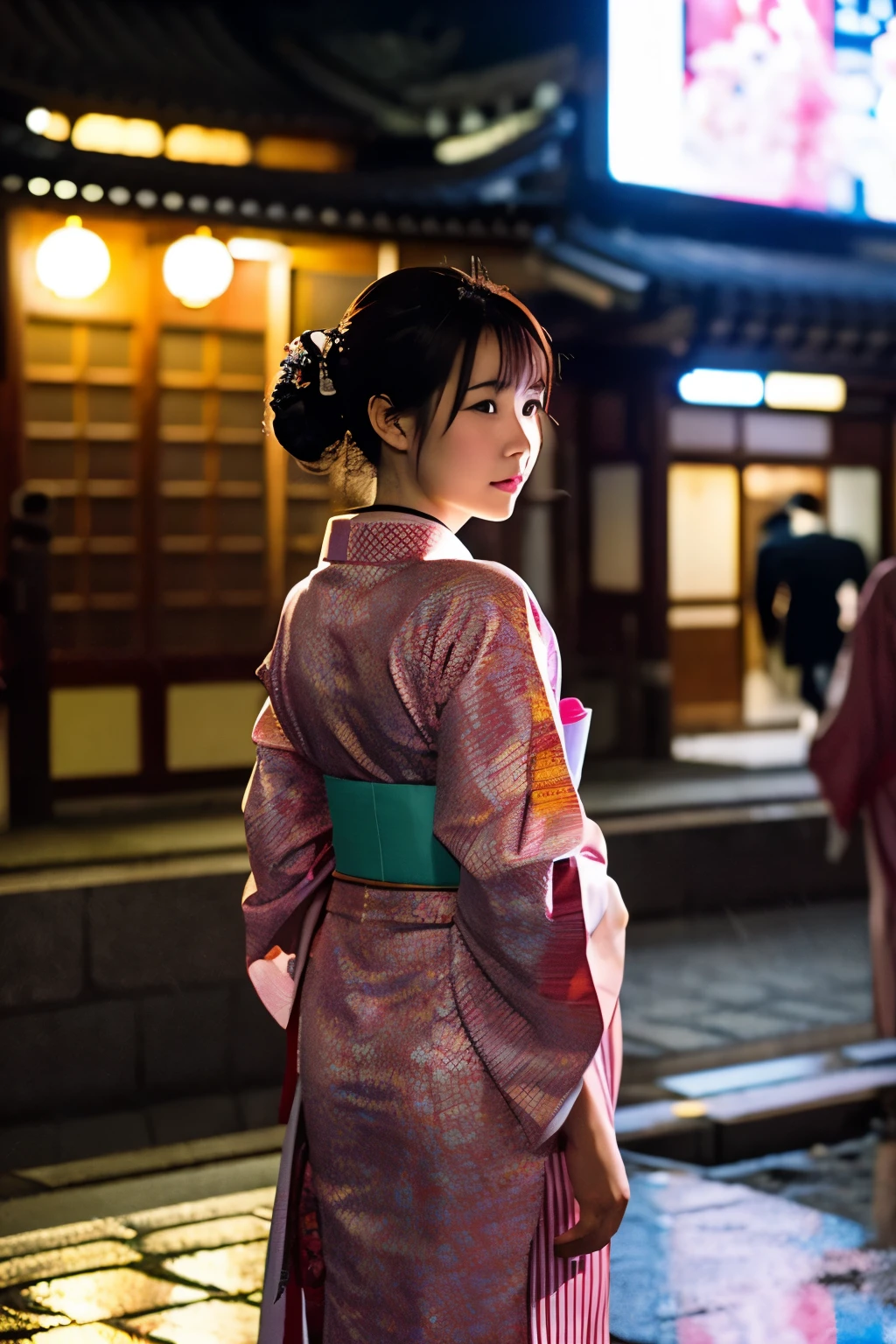Kyoto cityscape inside a round aquarium　night　light rain　cherry blossoms　Rear view of a woman wearing a kimono　