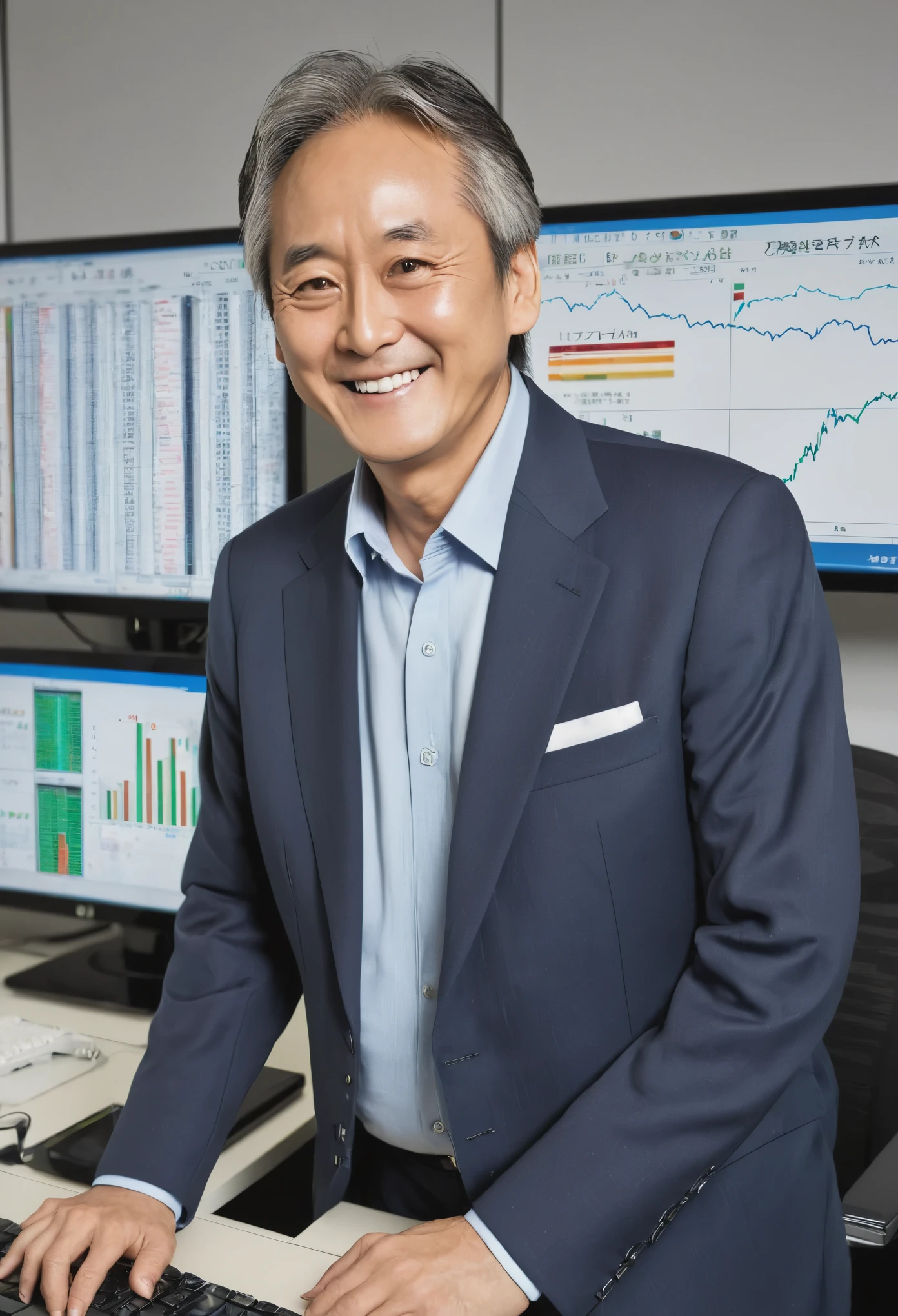 50 year old man, old man, suit, investor, computer room, chart, smile, handsome, exchange, large room, Japanese