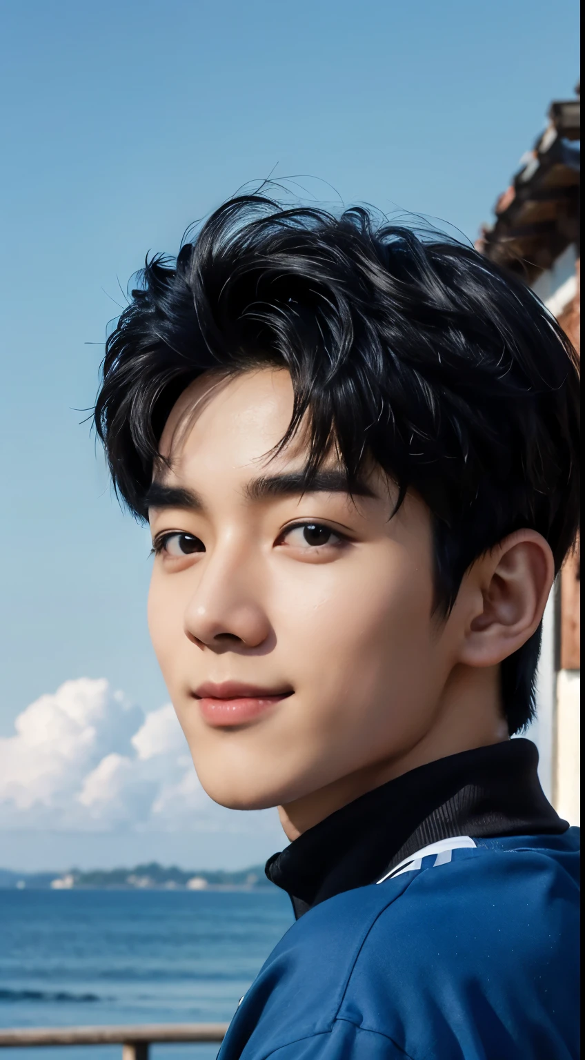(realistically, masterpiece, 8K HD, good lighting quality, sportswear, fit snugly on face, intricate details), a handsome korean young man, 20 years old, happy, Smile brightly, Detailed face, delicate eyes, look at sky, Wear casual clothing, period, black eyes, black hair color hair, smooth hair, Bangs, Outdoor sports, seaside, sunny,blue sky，Surreal，Super detailed，top quality，actual，