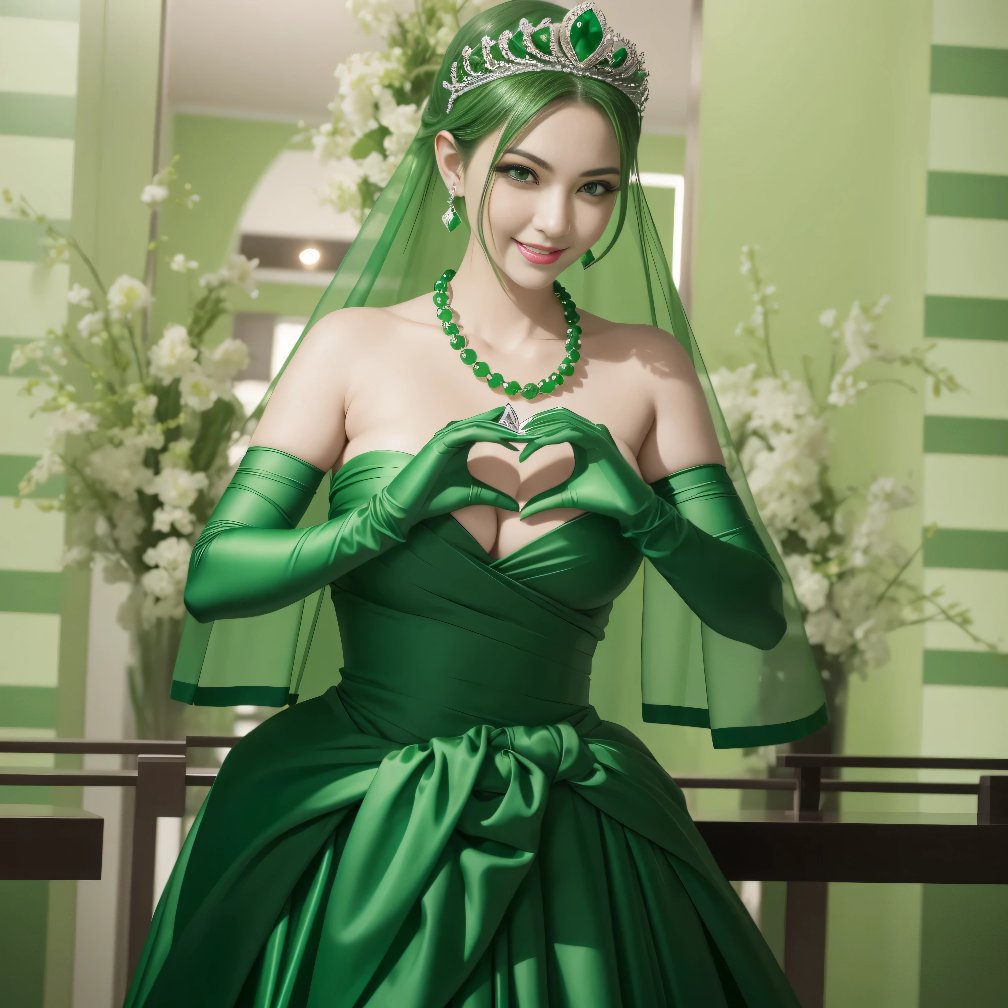 emerald tiara, Green Pearl Necklace, ボーイッシュな非常に短いgreen hair, green lips, smiling Japanese woman, very short hair, Beautiful woman with big breasts, green eyes, green satin long gloves, green eyes, emerald earrings, Green veil, Heart with both hands, green hair, beautiful japanese woman, heart shaped hands:1.3, green lip gloss
