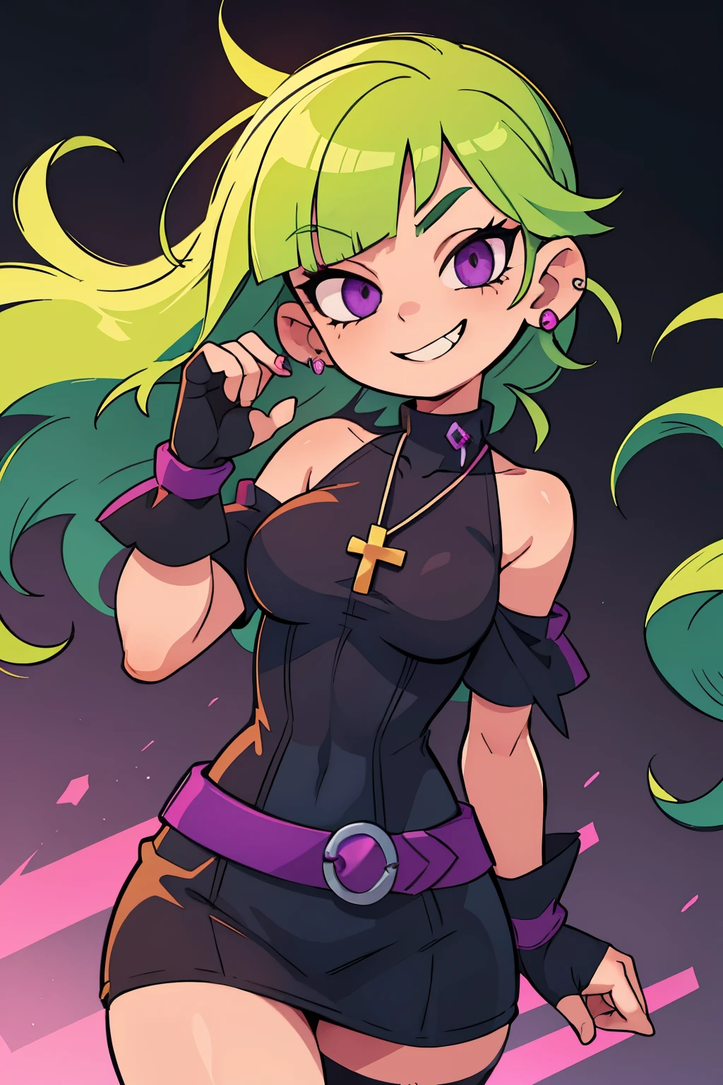 
Girl with bright long green hair, bangs covering one eye, purple eyes,black short tight dress with corset and high neck, with purple shoulderless sleeves, Ear piercings, cross pendant,black fingerless gloves,neon city, grins.