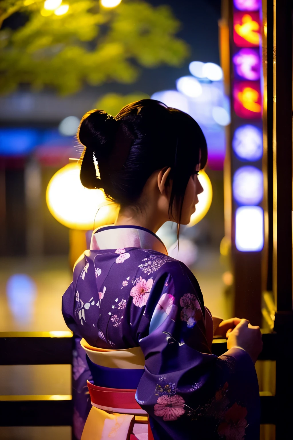 Kyoto cityscape inside a round aquarium　night　light rain　cherry blossoms　Rear view of a woman wearing a kimono　