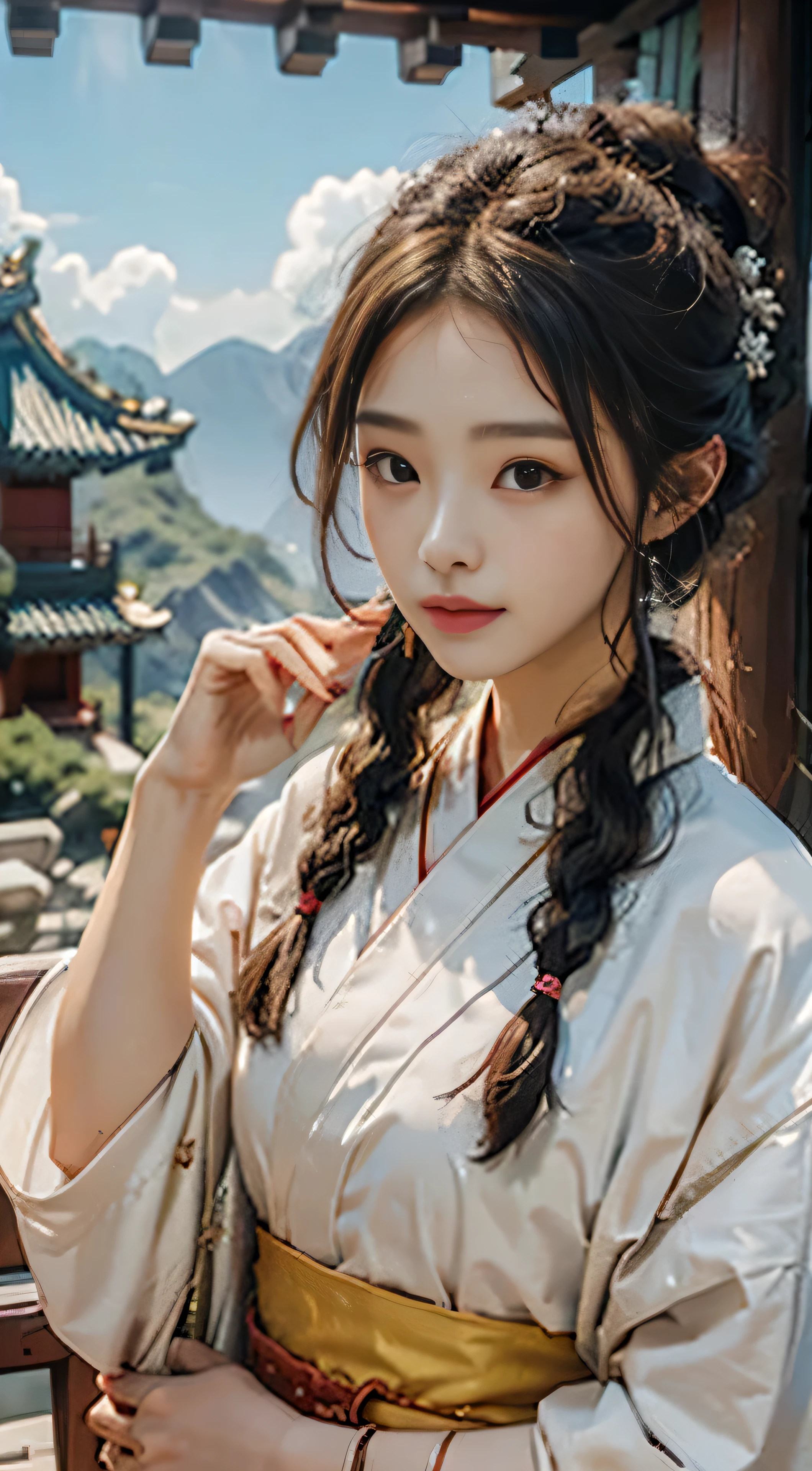 Kpop idol: 1.2, Mix4, One Korean girl, 18 years old, (Light eyebrows: 1.4), Shiny brown eyes, Bun head, Tied two braids, Amidst the ancient city's tranquility, she savored the beauty of a Chinese temple, Standing on a high mountain's peak, admiring the beautiful detail sky, under the bustling crowd's (1.2) night, her nose carried a gentle blush. Wearing a traditional hanfu, she flashed a radiant smile.