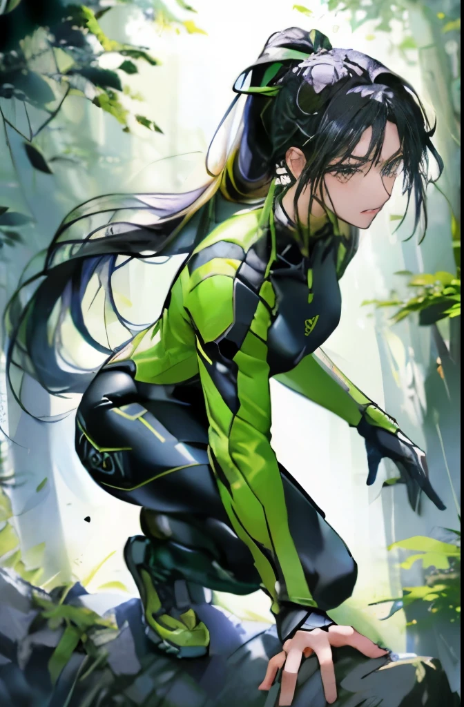 highest quality、special effects、superhero、Woman with black hair in ponytail、green mechanical hero suit、fighting pose、long legs、The background is the wilderness at night