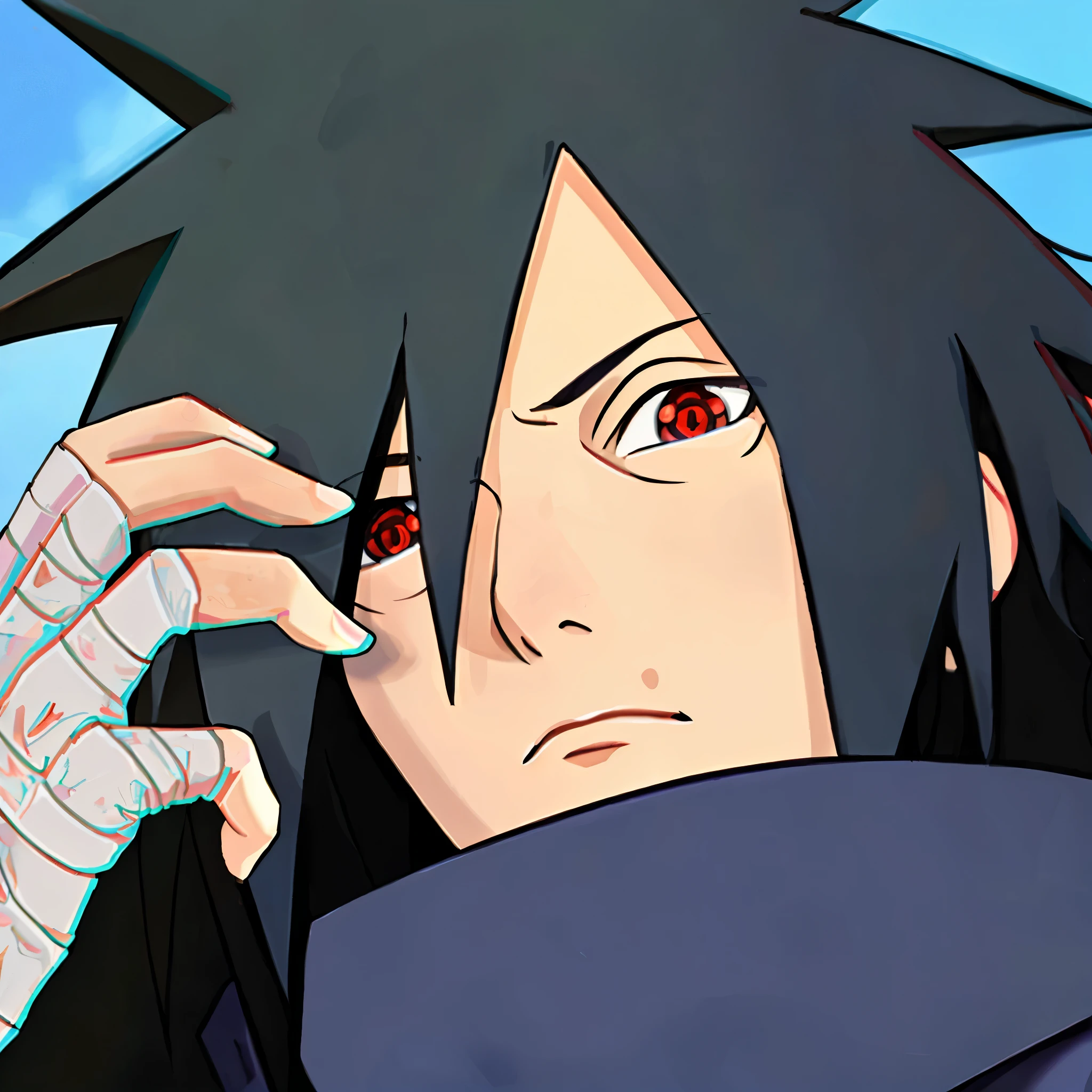 masterpiece， best quality，bright color，Uchiha Madara，hansome，fair skin，紫色长发的Uchiha Madara，Red Shura Eye，frown，disdain，cold expression，gray long hair，Wearing purple robe，Naruto the strongest，