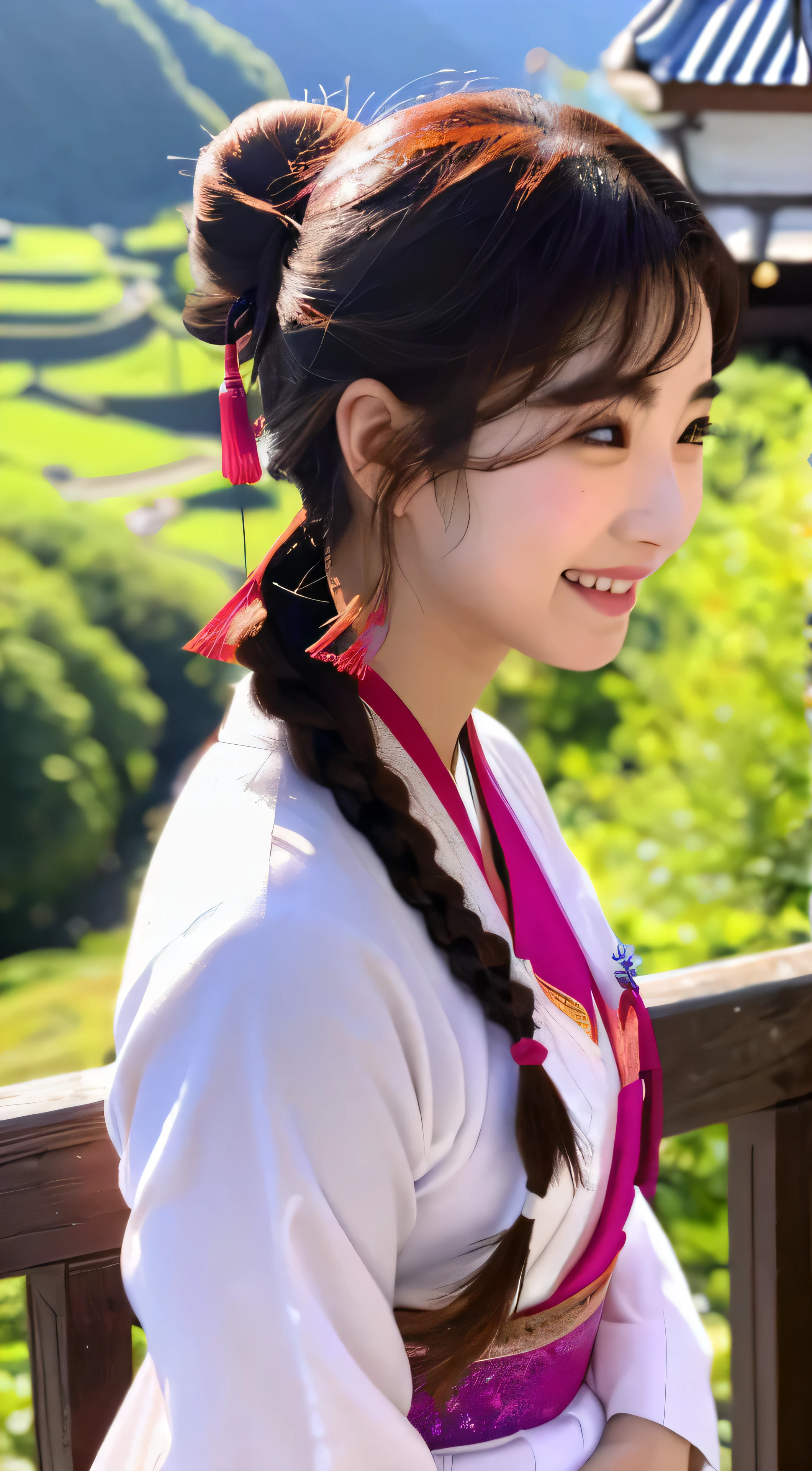 KPOP Idol:1.2、Mix4、korean girl、18-year-old、(Eyebrow:1.4)、shiny brown eyes、Bun head、tie two braids together、In the silence of an ancient city、She enjoyed the beauty of Chinese temples、standing on top of a high mountain、Admire the beautiful details of the sky、lively crowd night(1.2)under、her nose blushed gently。Wearing traditional Hanfu、smiled brightly。