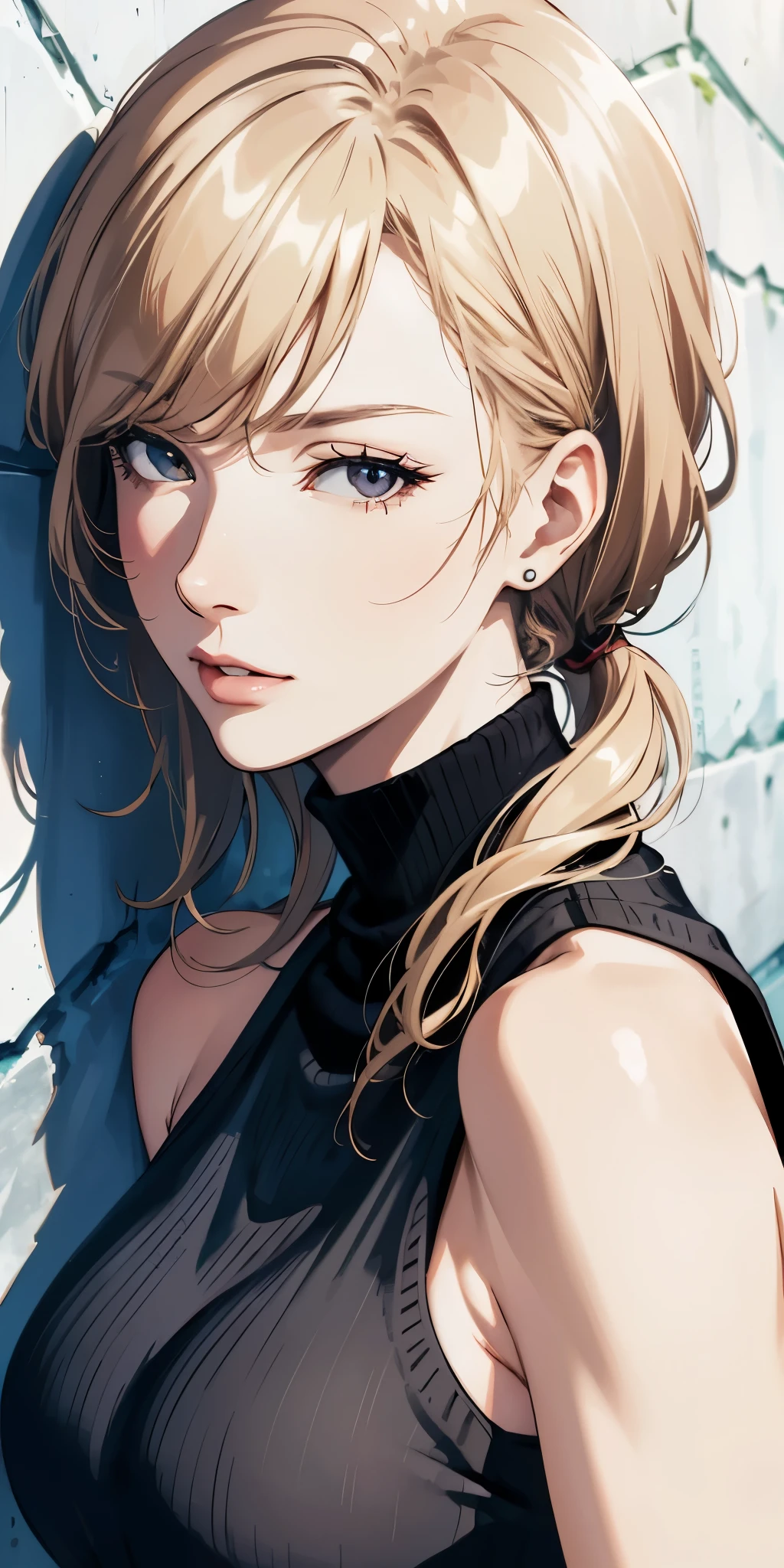 (best quality, highres), portrait, upper body, cool type adult woman, long hair, swept-side bangs, [[[brown hair]]], blonde hair, brown eyes, turtle neck tank top, big breast, plain wall, ultra detailed cg,
