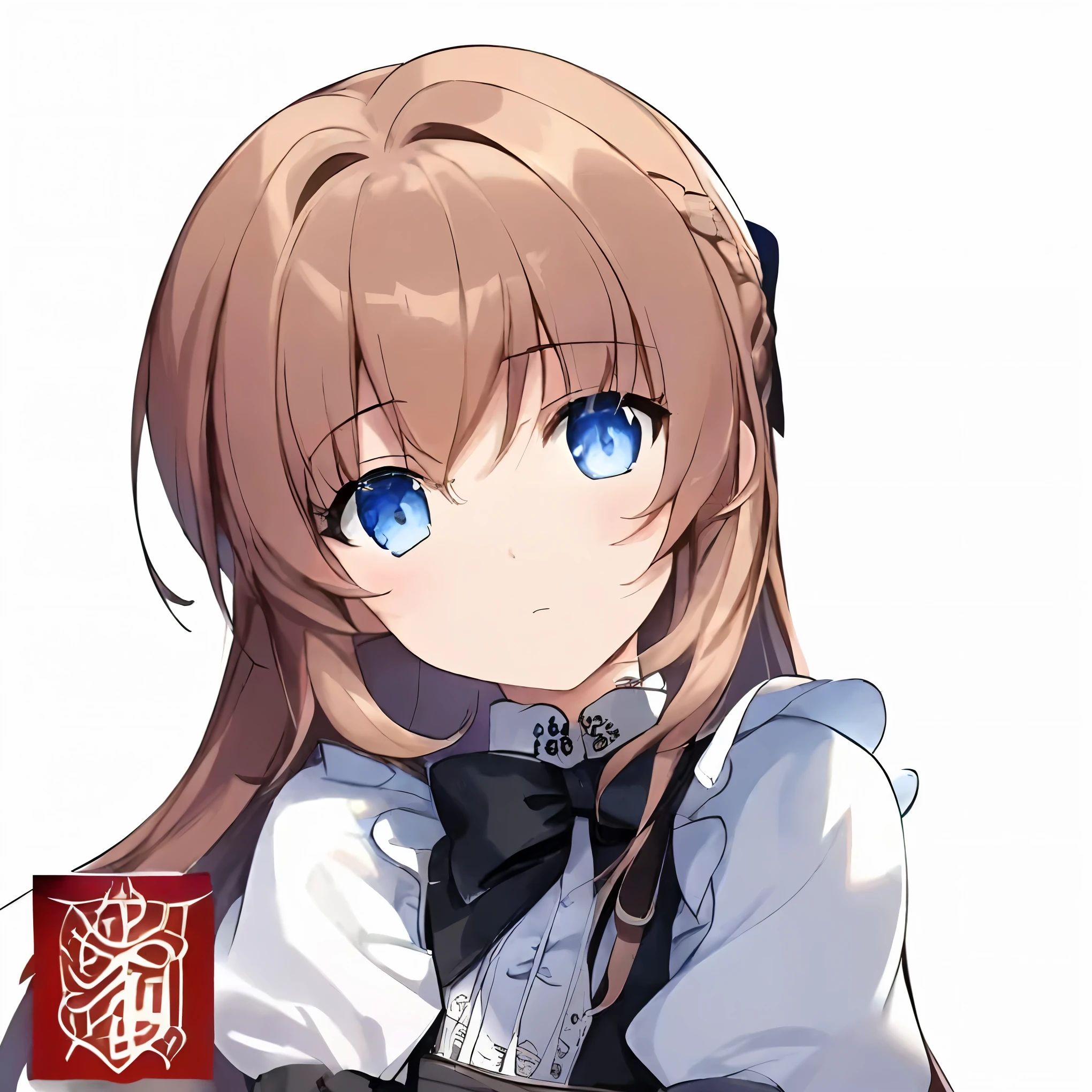 ta,chestnut hair,blue eyes,Head tilted a little to the right,cute smile,black bow,Bow tie,long hair
