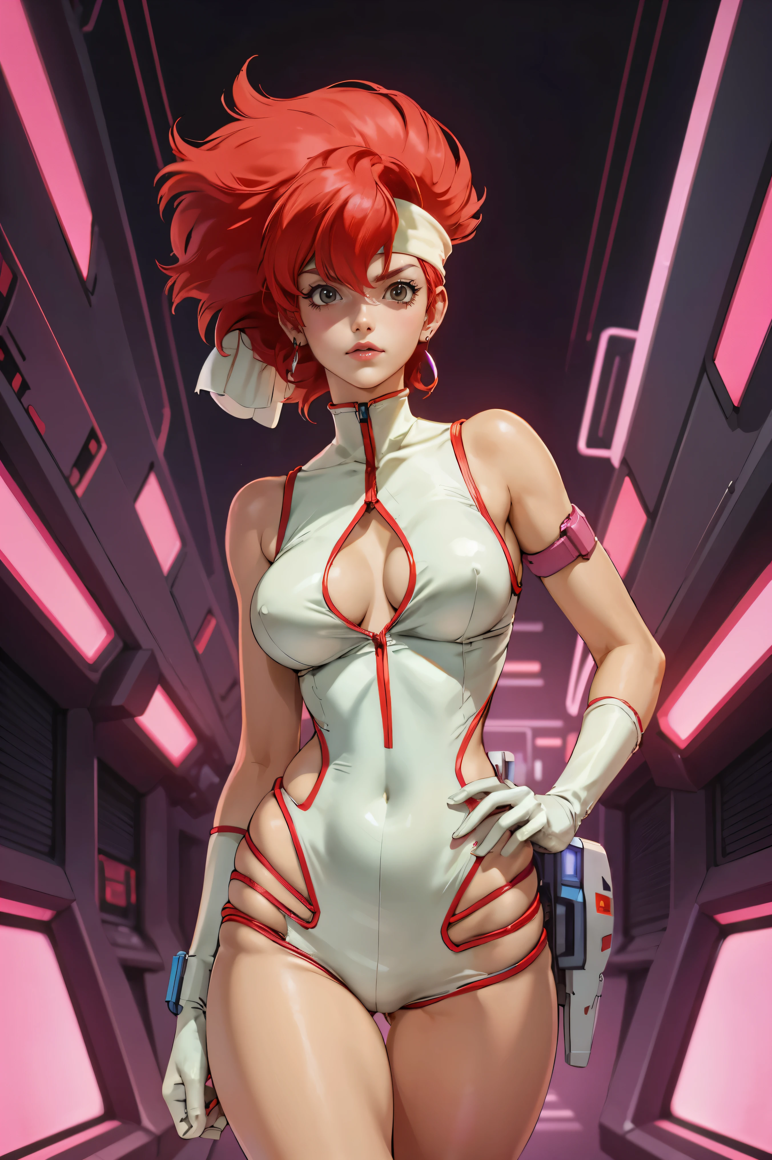 Kei from The Dirty Pair, , wearing a tight outfit, frame, legs, medium breast, red hair beauty, cyberpunk city background, holding retro space-gun, headband, slim waist, slim thighs, thigh gap