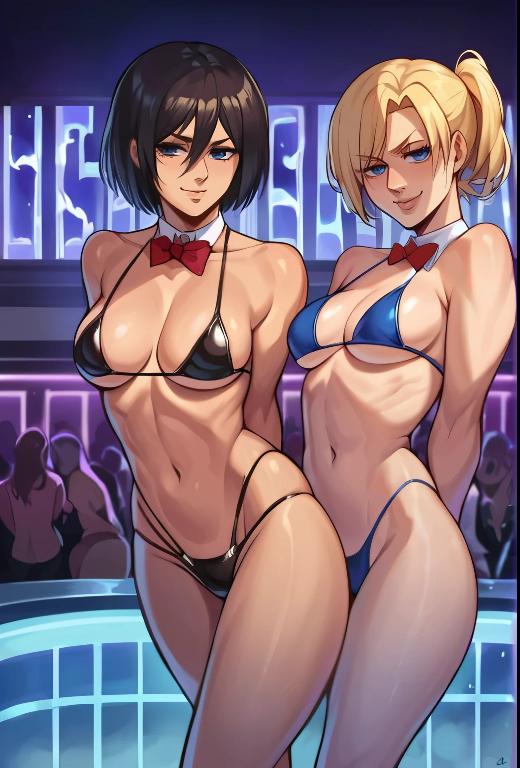 score_9, score_8_up, score_7_up, score_6_up, score_5_up, score_4_up, BREAK source_anime, multiple girls, 2girls, wearing latex mini bikini, wearing srring thong, attack on titan, annie leonhart, mikasa Ackerman, mikasa and annie, standing side by side, closeup, front view, blue eyes, arms behind back, strip club, smug seductive expression, smug, seductive, wearing red bow tie