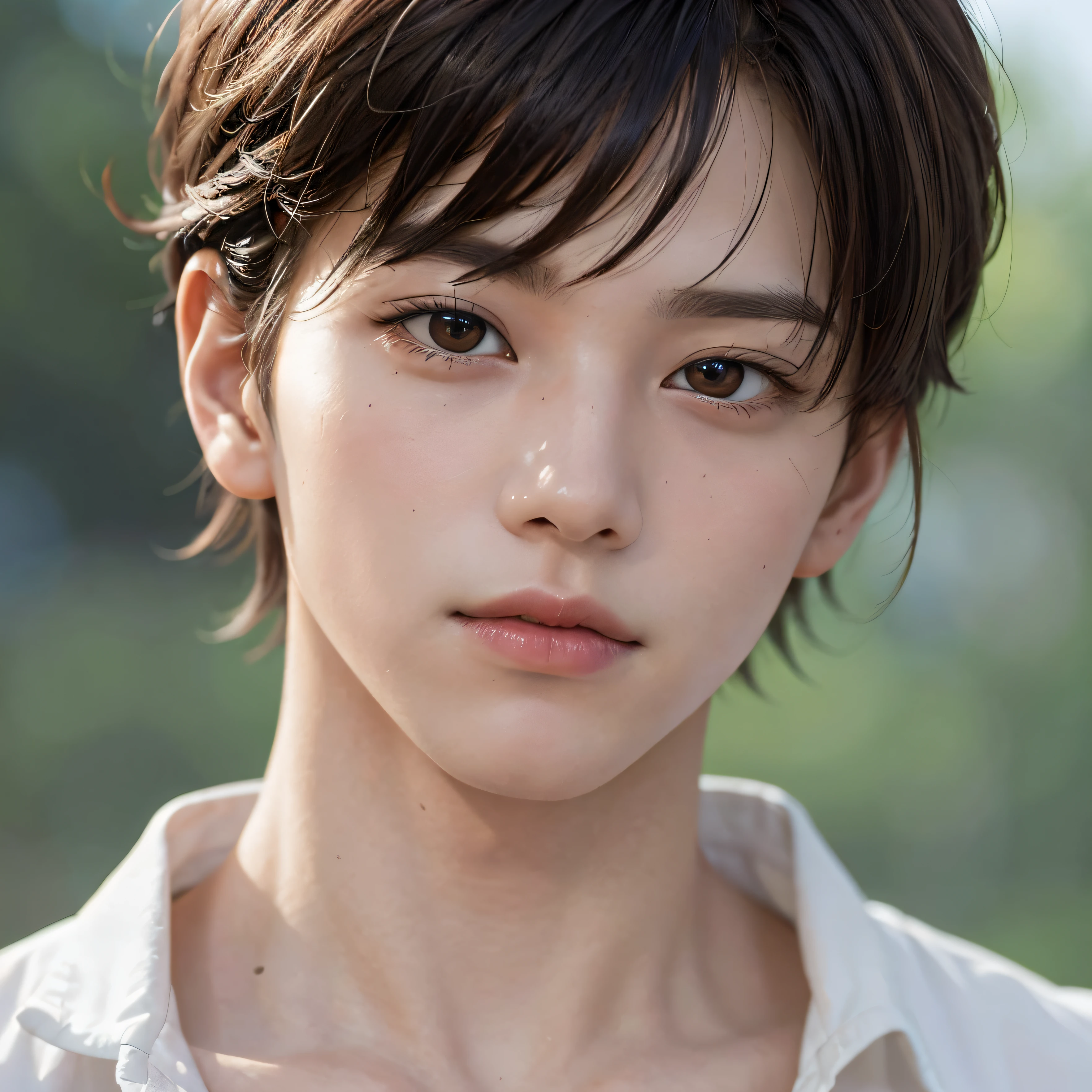 Generate an image of a young man with a neutral expression and a small face in a photorealistic style. The image should be captured in 8K resolution, and the subject should have jet-black hair in a mushroom cut style with a slight wave. His hair should completely cover his eyebrows, and he should have a short chin.
This portrait should be an up-close shot taken with a DSLR camera, focusing on the man's facial features. He should have round, expressive eyes, a straight nose, thin lips, and fair skin. The overall look should be androgynous.
Please ensure that the final image showcases the man's neutral expression, emphasizing the details of his face, such as his round eyes and slender features. His hair should fully conceal his eyebrows, and his short chin should be evident while maintaining a photorealistic style.
The previous settings and any context should be completely forgotten in this new image generation request.
