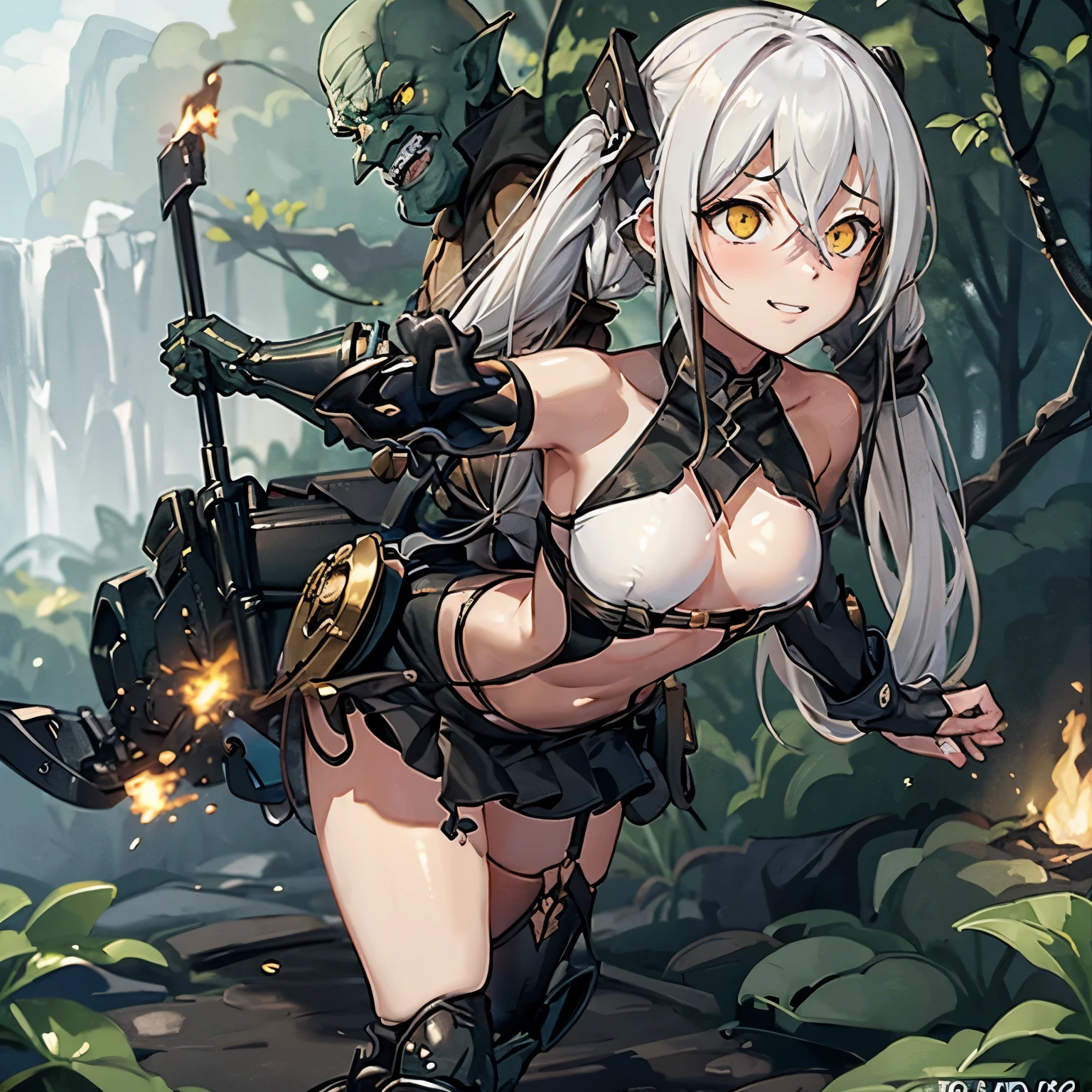 masterpiece, (goblinriding), (a goblin is riding a girl), goblin, ((all fours)), 1girl, (armor:1.1), (nose hook), reins, collar, chain, rope, obey, happy trance, smile, SANGVIS FERRI, hair ornaments, vlong hair, white hair, twintails, hair ribbon, yellow eyes, Destroyer, Girls' Frontline, small breast, pale skin, expressionless, emotionless, blank eyes, empty eyes, mind control, cave background