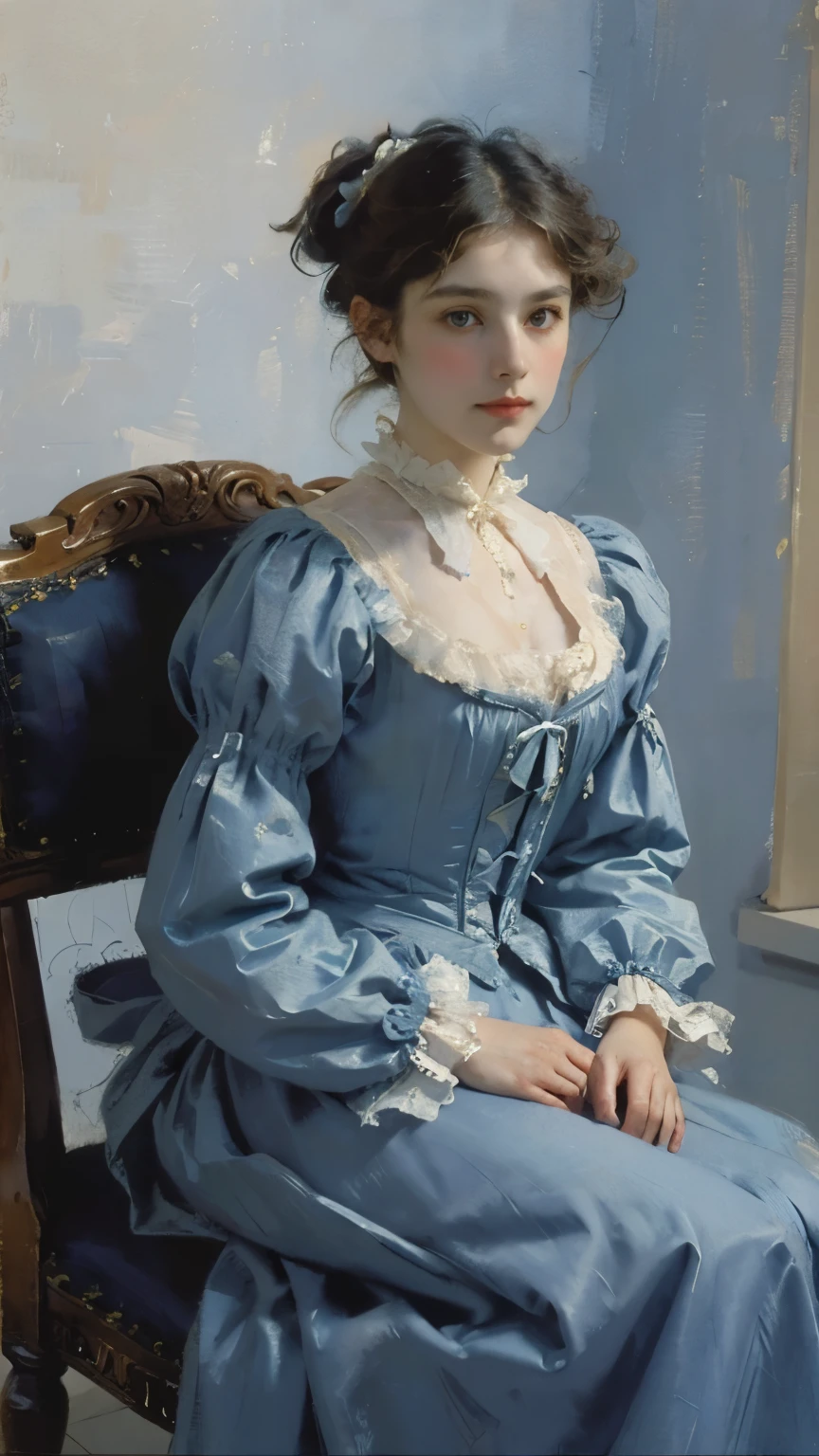 ((Sargent style watercolor))、(highest quality、masterpiece)、soft light、Alafed woman in blue dress sitting on chair, victorian style clothing, victorian clothingを着て, victorian clothing, young victorian sad fancy woman, wearing clothes from the 1890s, with victorian clothing, Beautiful Victorian woman, victorian blue dress, Victorian style costume, amazing young graceful person, dressed in victorian rags, Victorian aristocracy, victorian dress, french paintings