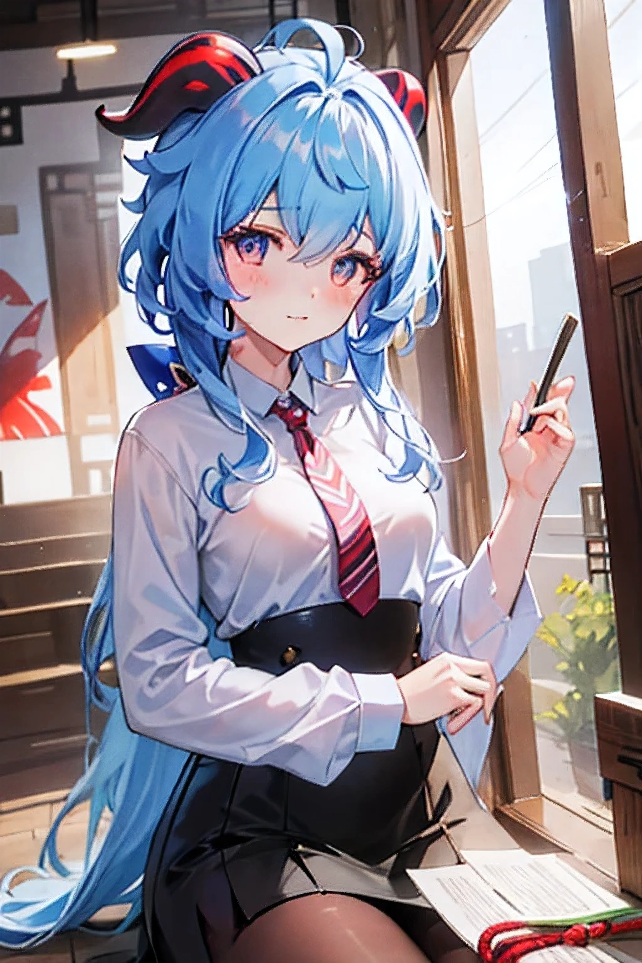 (masterpiece)1 girl, employment, Genshin Impact, best quality, expressive eyes, perfect face, Upper body size, Smile, blush, Wearing an office shirt and getting wet, indoors, Sky, simple background, lie, watch , 明亮的Sky空, watch at viewer, stairs, Moody's Lighting