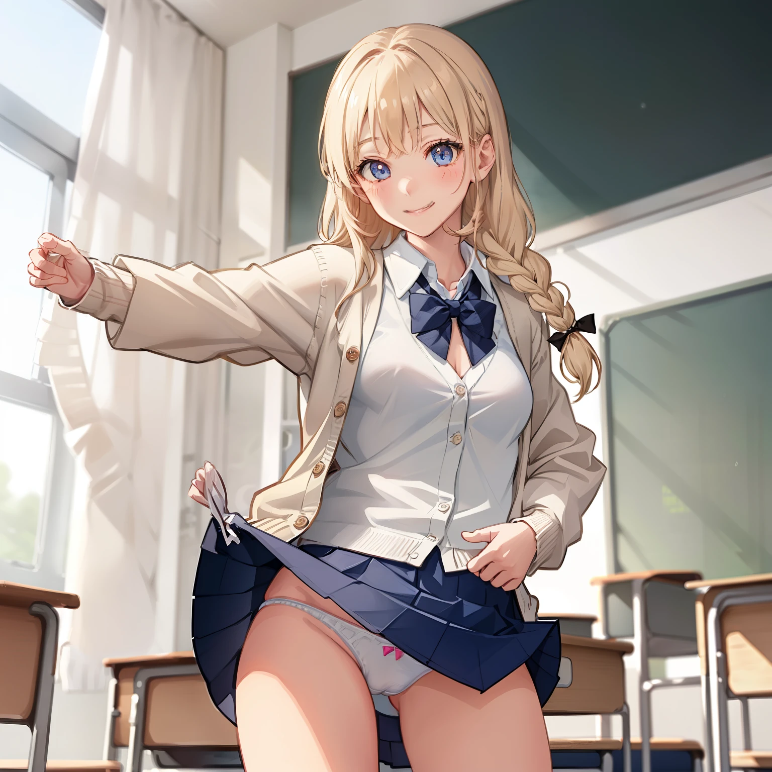 ((1 girl))、(smile:1.5)、small breasts、(cowboy shot)、(fun!!)、(white cardigan:1.5)、(blonde)、blush、(single braid)、(eye highlights:1.3)、blake black footwear,(黒いskirt)、bow, button, shirt with collar, long sleeve, ((red bow tie, , black jacket, open jacket, brown cardigan, white shirt, 黒のskirt, チェック柄のskirt、white socks)),, shirt,, skirt, socks, thighs, white shirt, rest indoors, ((classroom:1.5))、 BREAK While watching the audience、(skirtを掴む:1.0)、 (perfect hands, perfect anatomy),cowboy shot、(skirtlift:1.3),(highly detailed white panties:1.3)、(highly detailed panties:1.3)、、(skirt that rolls up:1.3)、(fully exposed panties:1.5)、blue eyes